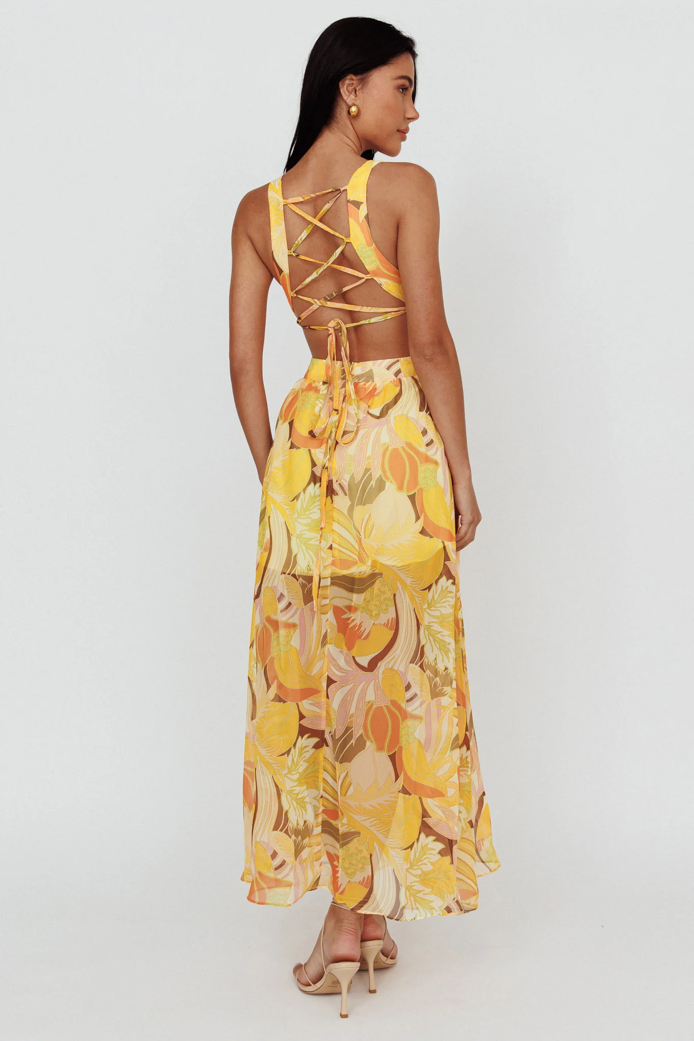 Maura Lace-Up Back Maxi Dress Floral Yellow - Seraphlike