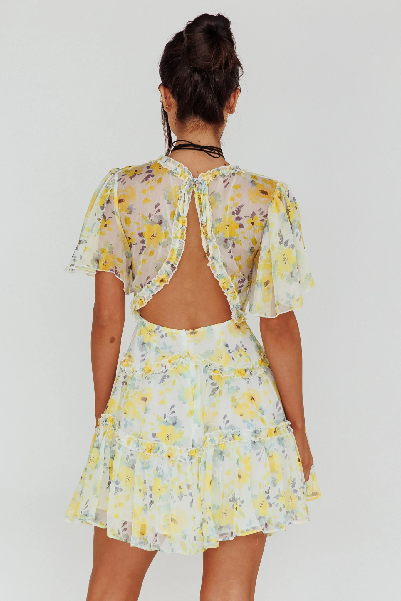 Tres Chic Flutter Sleeve Cut-Out Dress Floral Yellow - Seraphlike