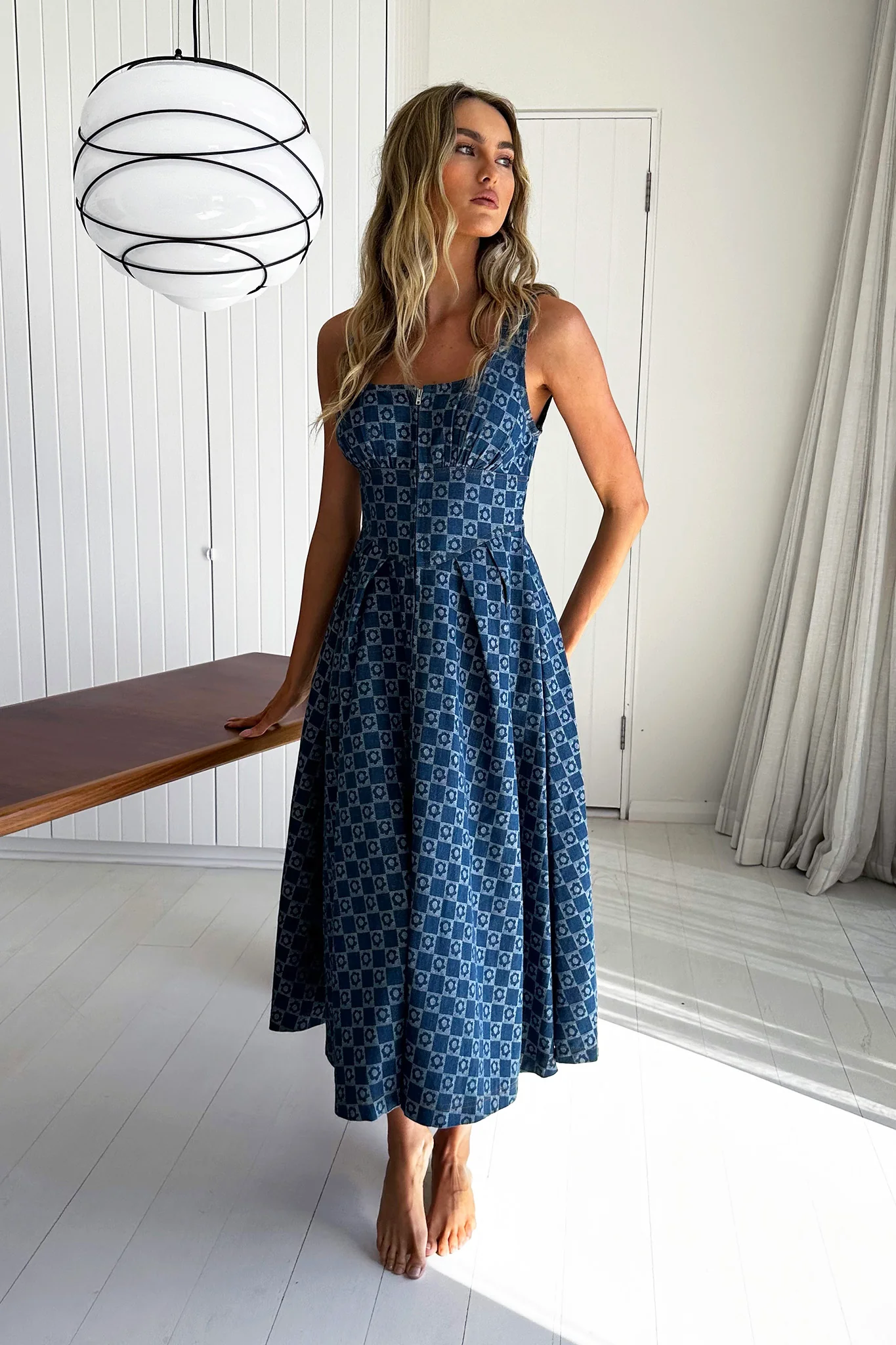 Hair Down Square Neck A-Line Midi Dress Floral Denim - Seraphlike