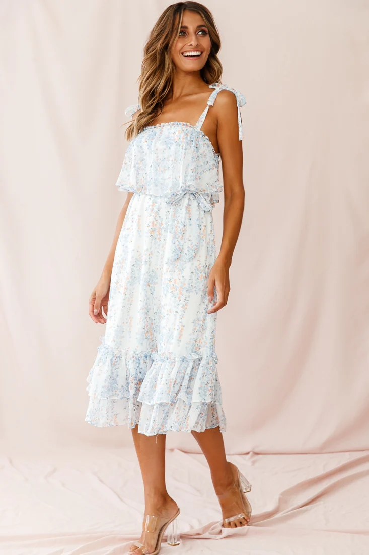 Maeve Shoulder Tie Layered Ruffle Dress White - Seraphlike