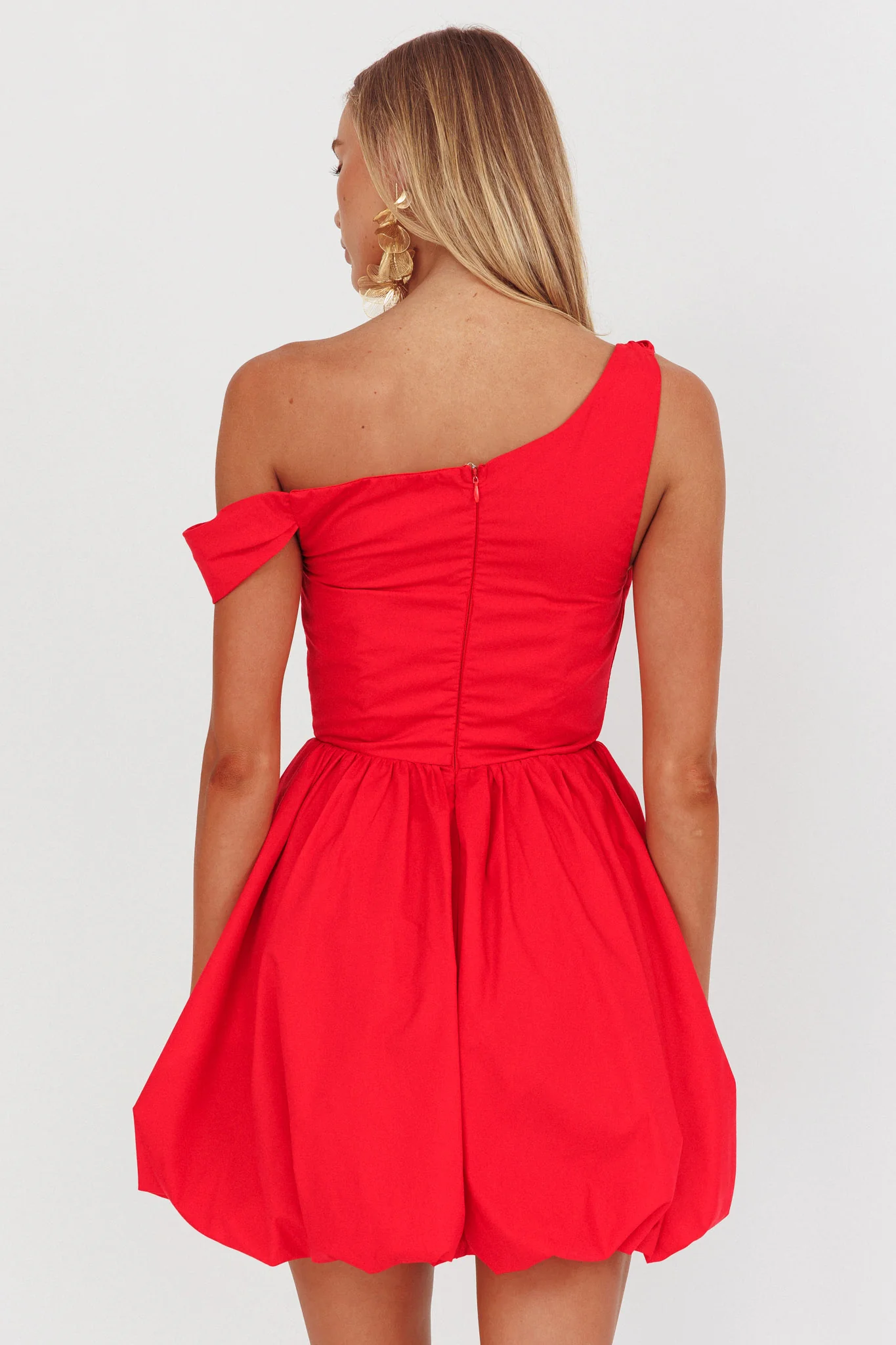 Celinda Asymmetric Neckline Balloon Mini Dress Red - Seraphlike