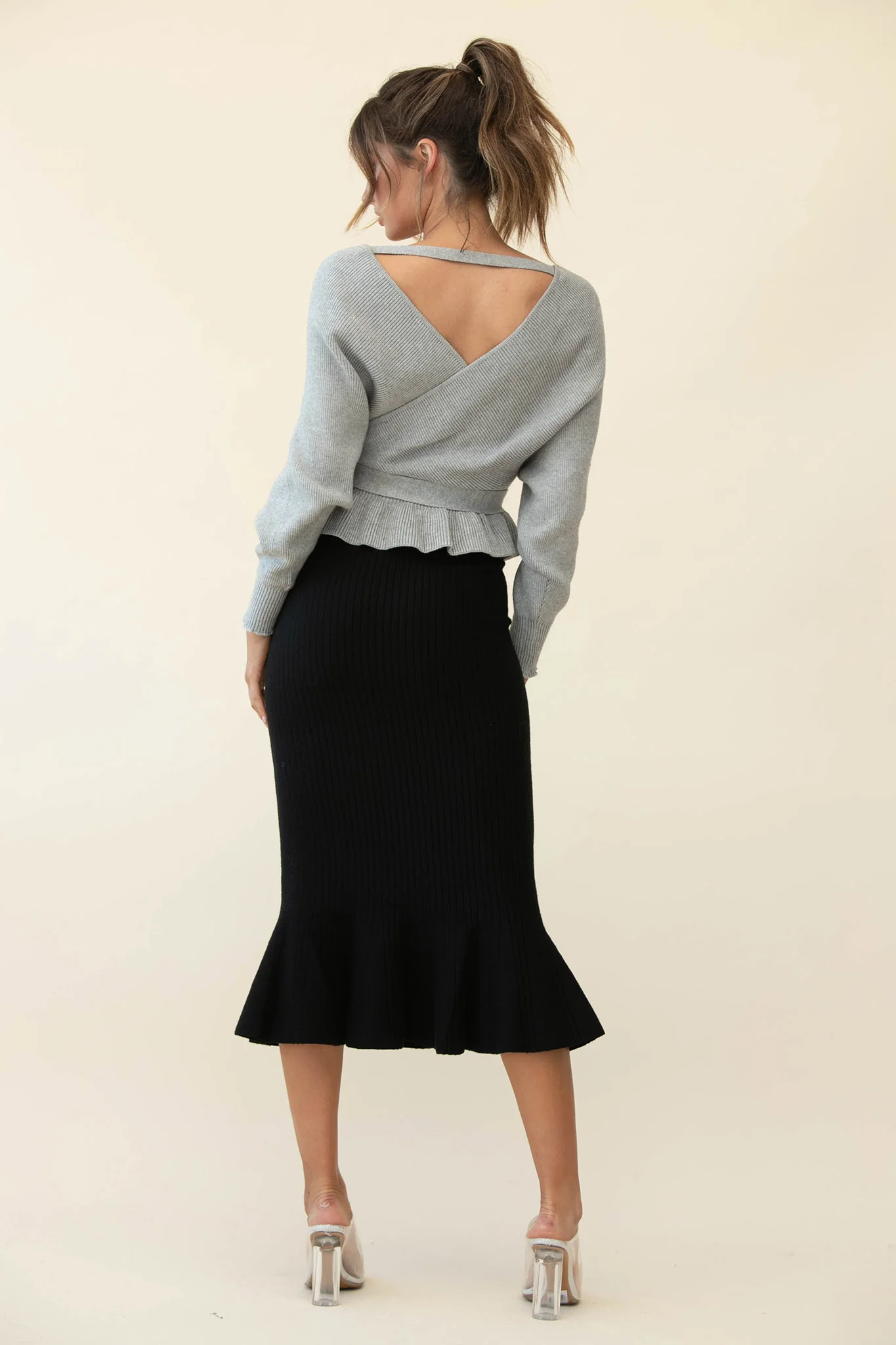 Shalon Ribbed Knit Fluted Hem Midi Skirt Antique Black - Seraphlike