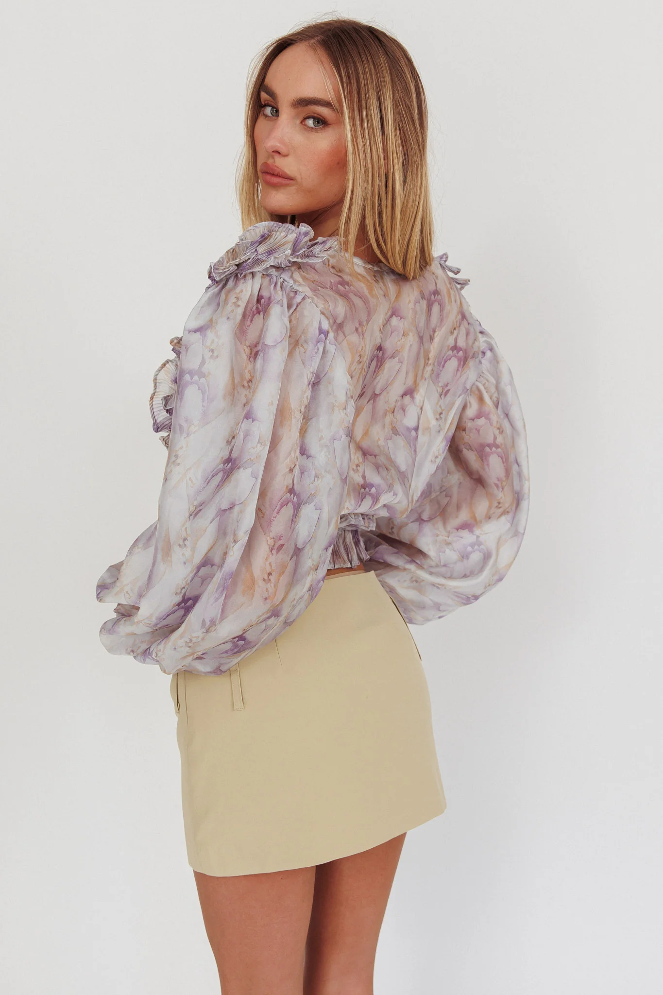 Forever Young Balloon Sleeves Cropped Blouse Purple Multi - Seraphlike