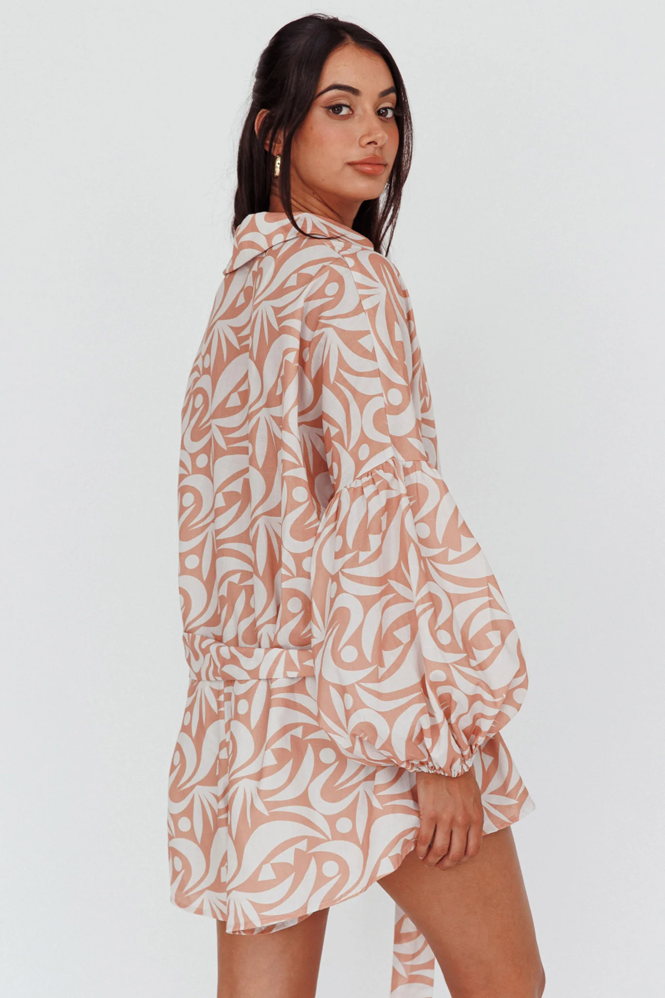 Daytona Beach Long Sleeve Shirt Romper Print Peach - Seraphlike