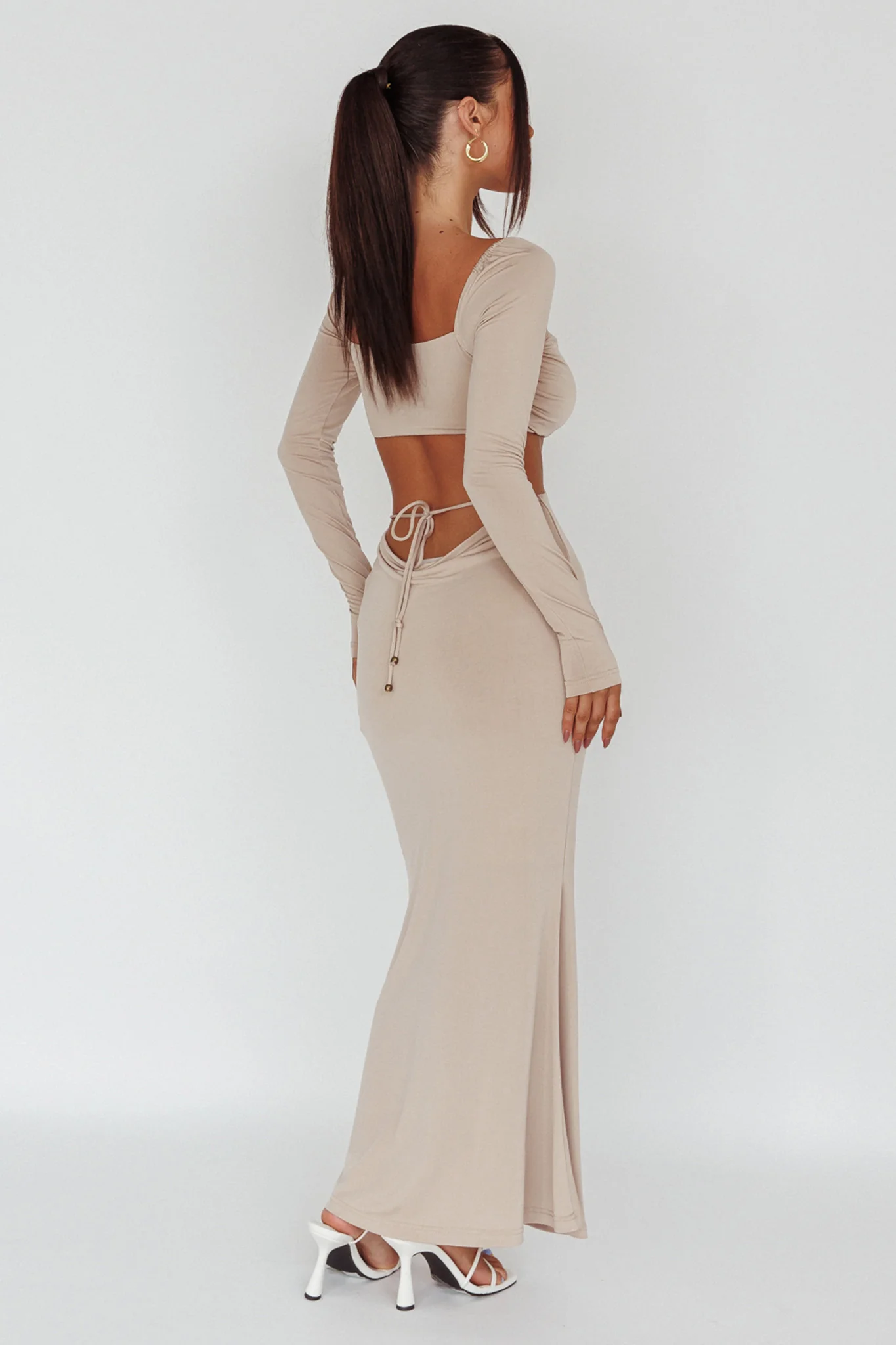 Vienna Long Sleeve Cut-Out Waist Maxi Dress Oat - Seraphlike