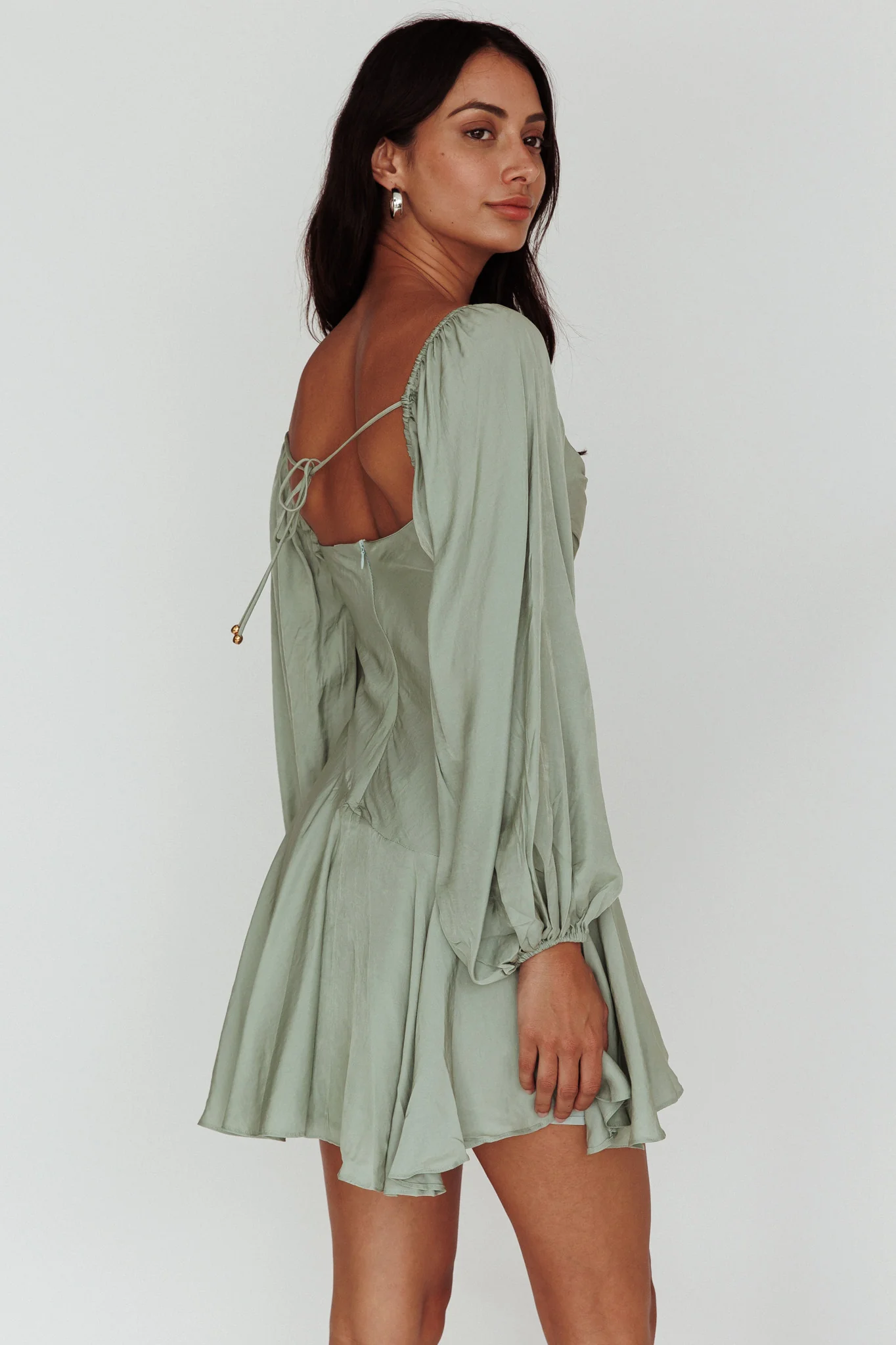 Beaujolais Long Sleeve Cowl Neckline Ruffle Mini Dress Sage - Seraphlike
