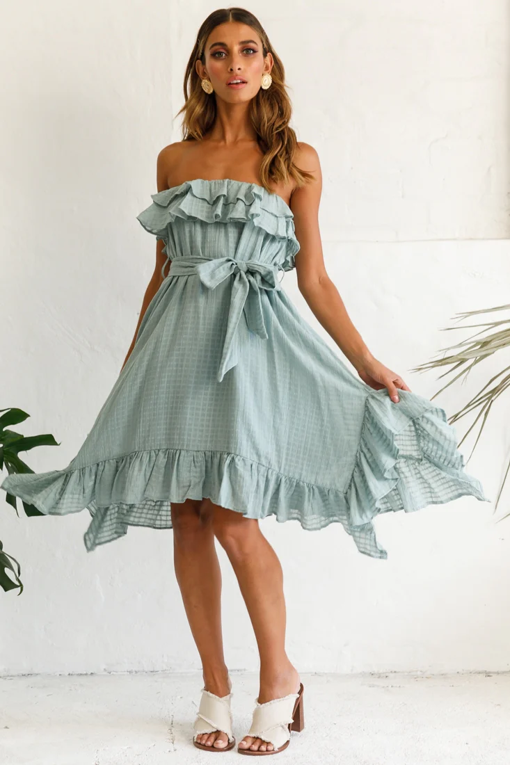 Miffy Double Frill Strapless Midi Dress Sage - Seraphlike
