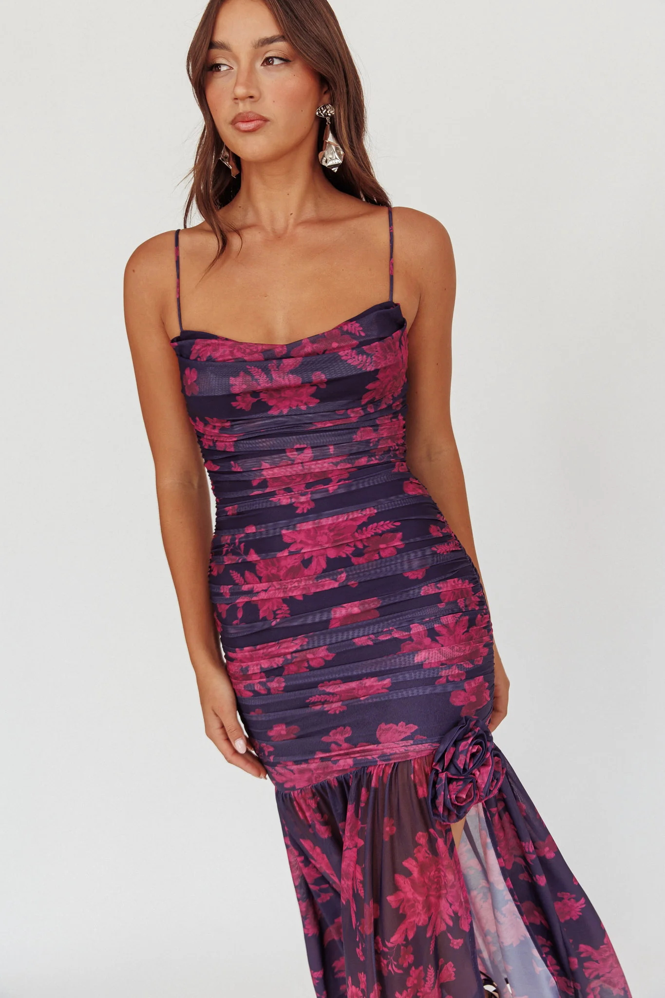 Stole The Show Ruched Mesh Maxi Dress Floral Grape - Seraphlike