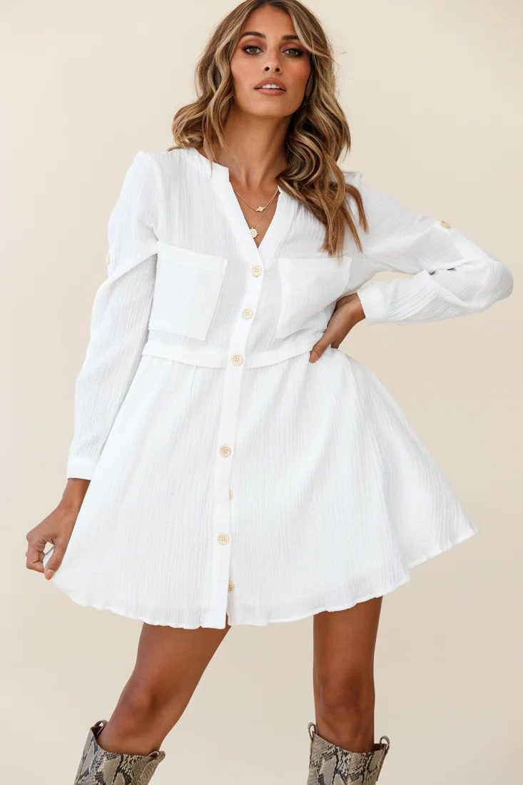 Holly Long Sleeve Double Pocket Shirt Dress White - Seraphlike