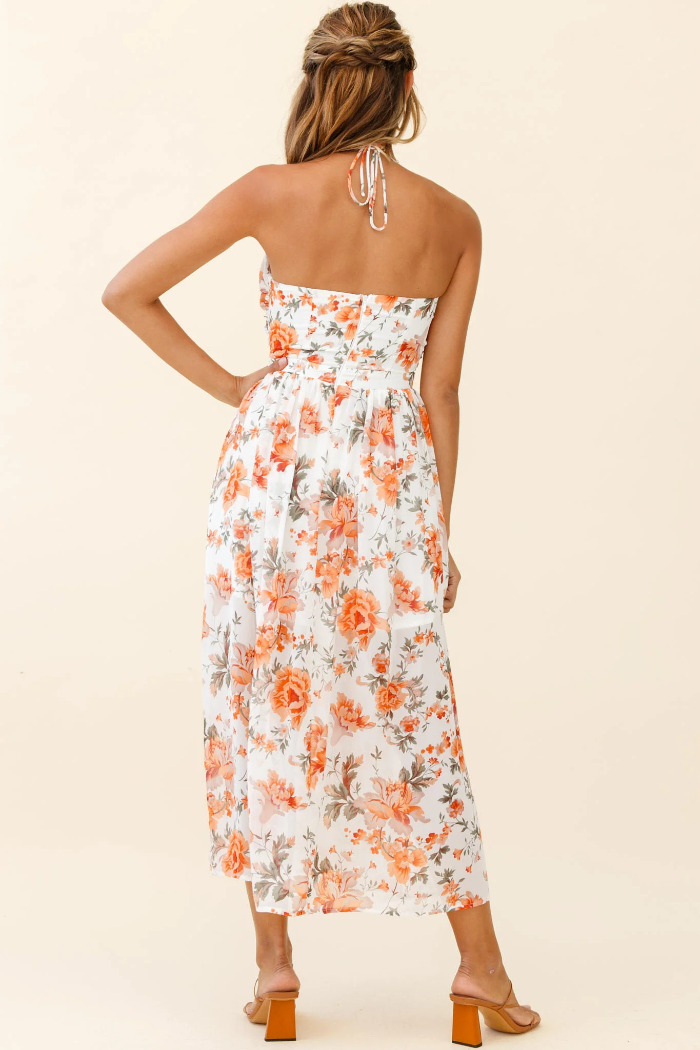 Los Feliz Tied Bust Halterneck Midi Dress Floral Print Orange - Seraphlike