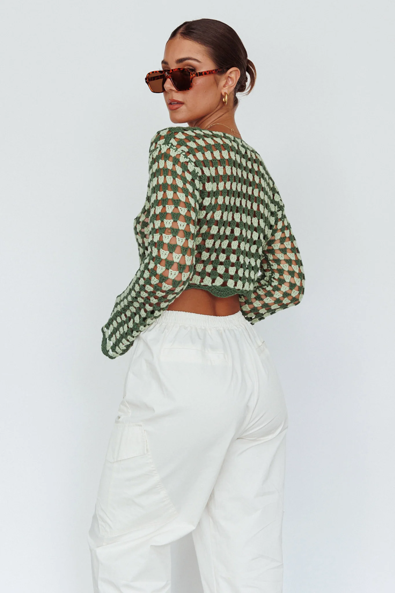 Maycie Long Sleeve Crochet Crop Top Green Multi - Seraphlike