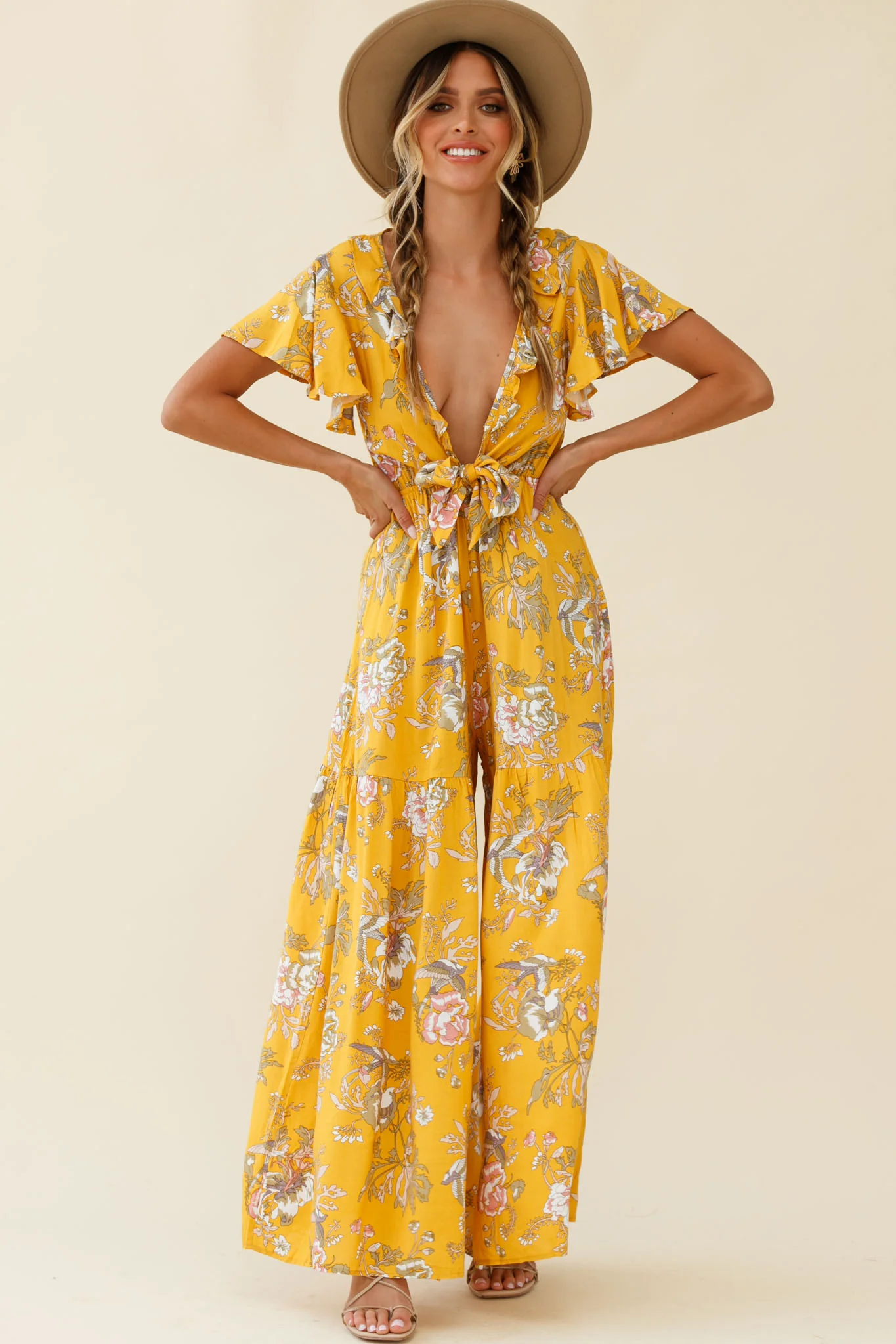 Kasey Tied Bust Wide Leg Floral Print Jumpsuit Mustard - Seraphlike