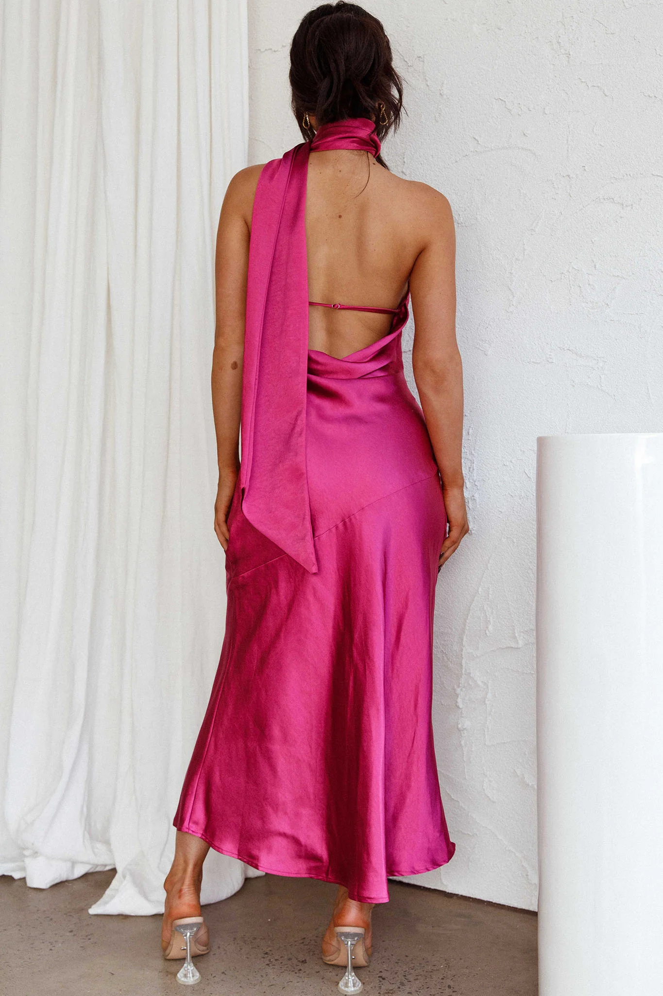 Italian Summer Tie Neck Midi Dress Fuchsia - Seraphlike