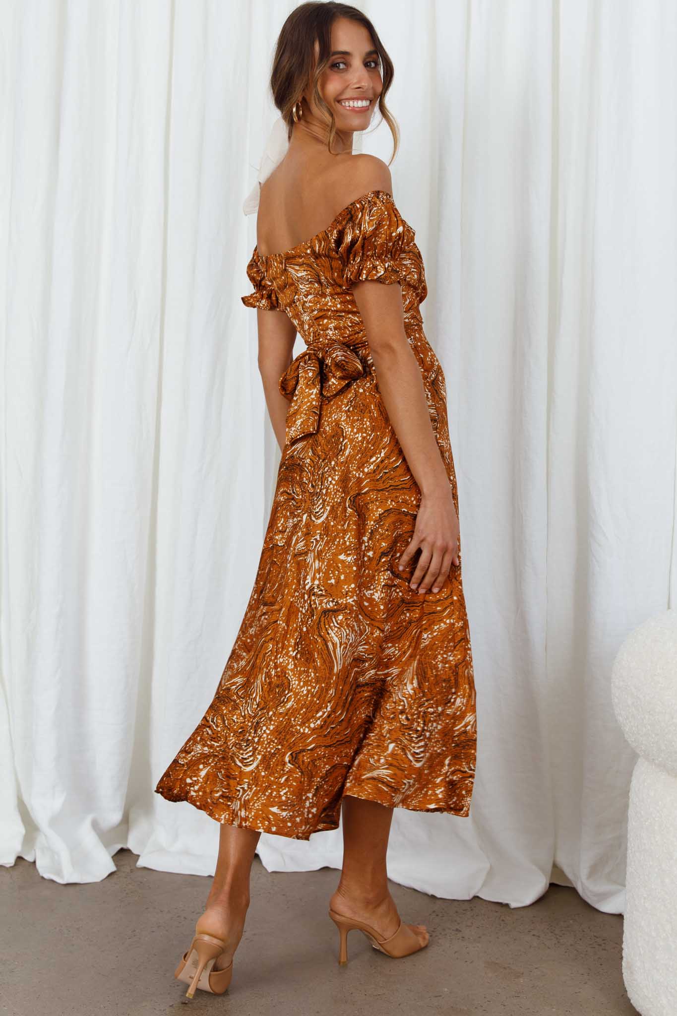 Linka Off-Shoulder Tie Back Midi Dress Marbled Print Mustard - Seraphlike