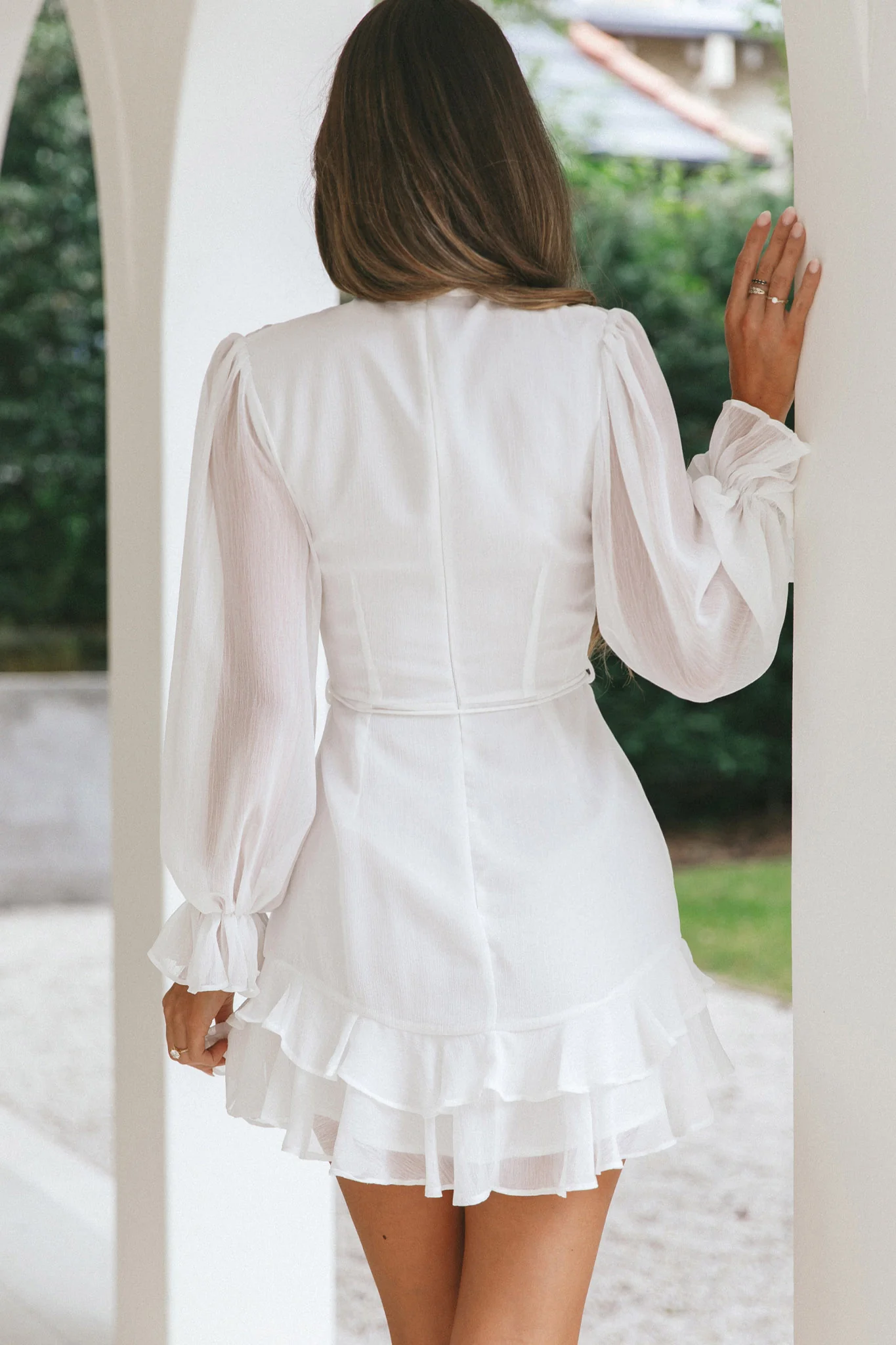 Lark High Neck Balloon Sleeve Dress White - Seraphlike