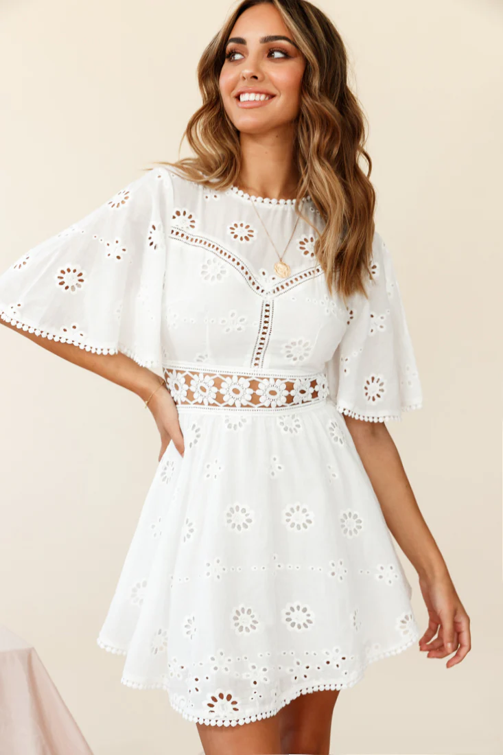 Anais Fluted Sleeve Exposed Back Broderie Anglaise Dress White - Seraphlike