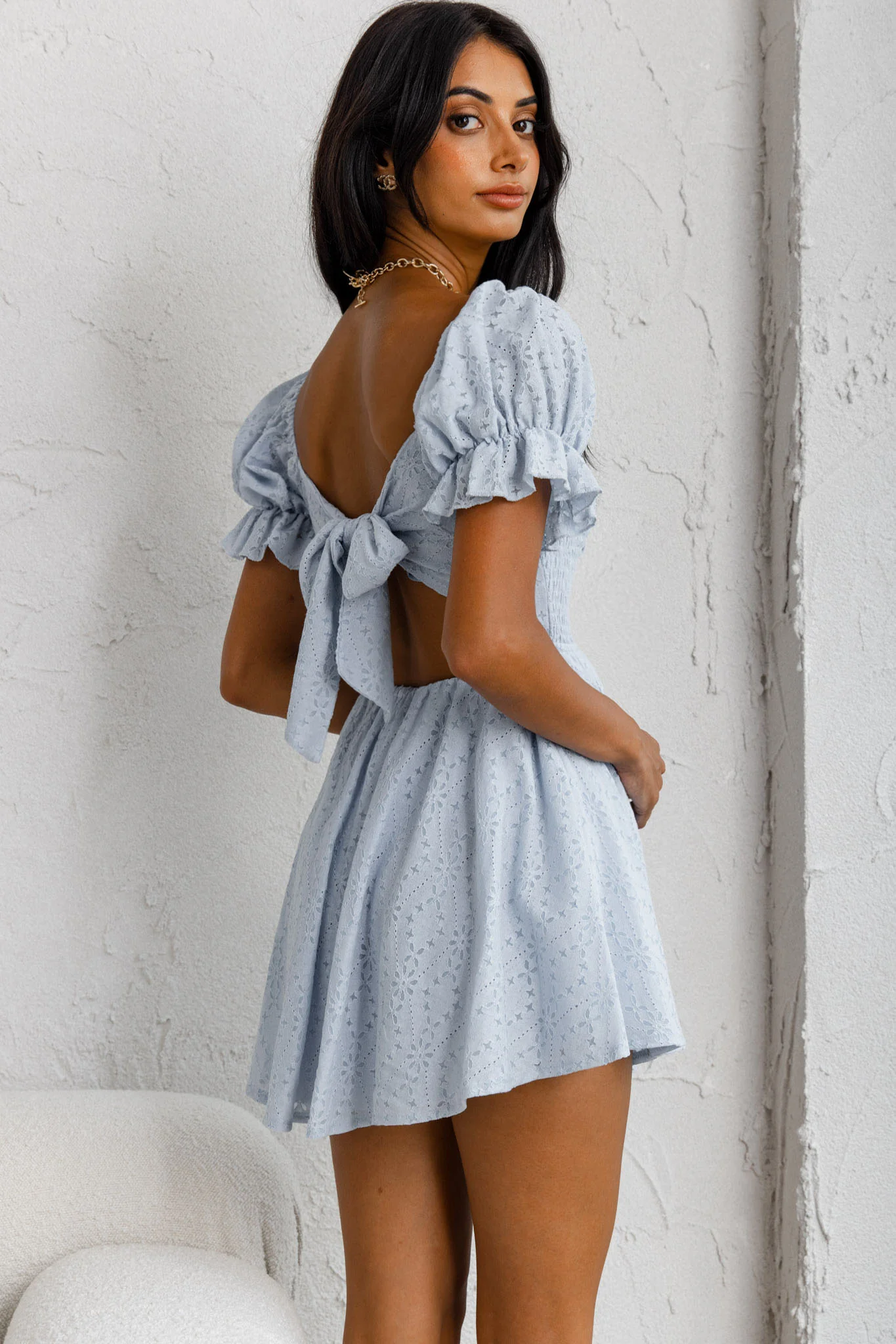 Buongiorno Bella Shirred Lace Up Bodice Mini Dress Blue - Seraphlike