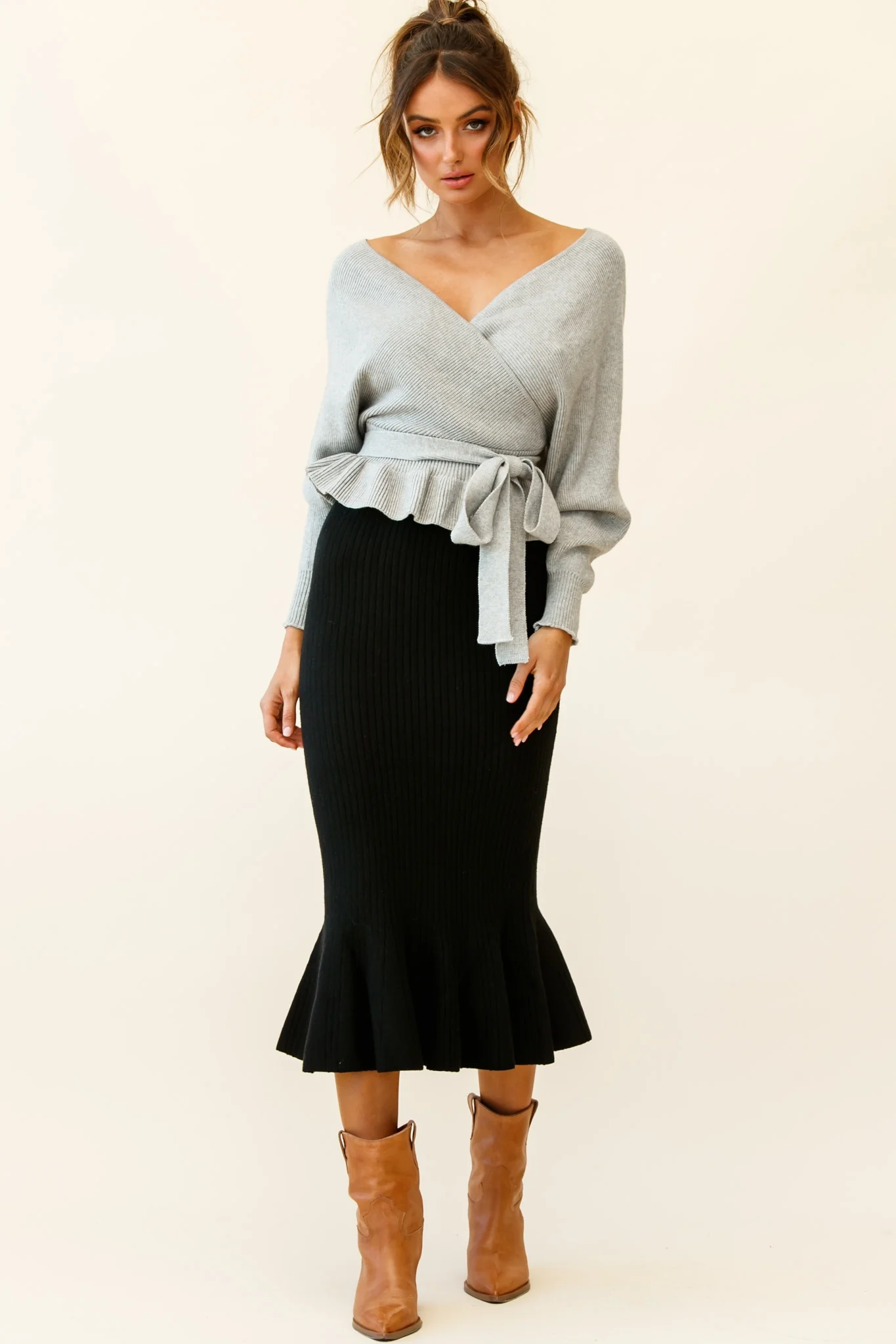 Amara Long Sleeve Knit Top Grey - Seraphlike