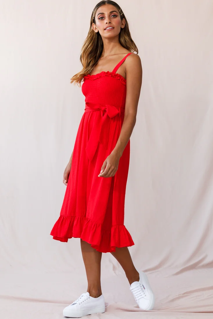 Honey Shirred Frill Midi Dress Red - Seraphlike