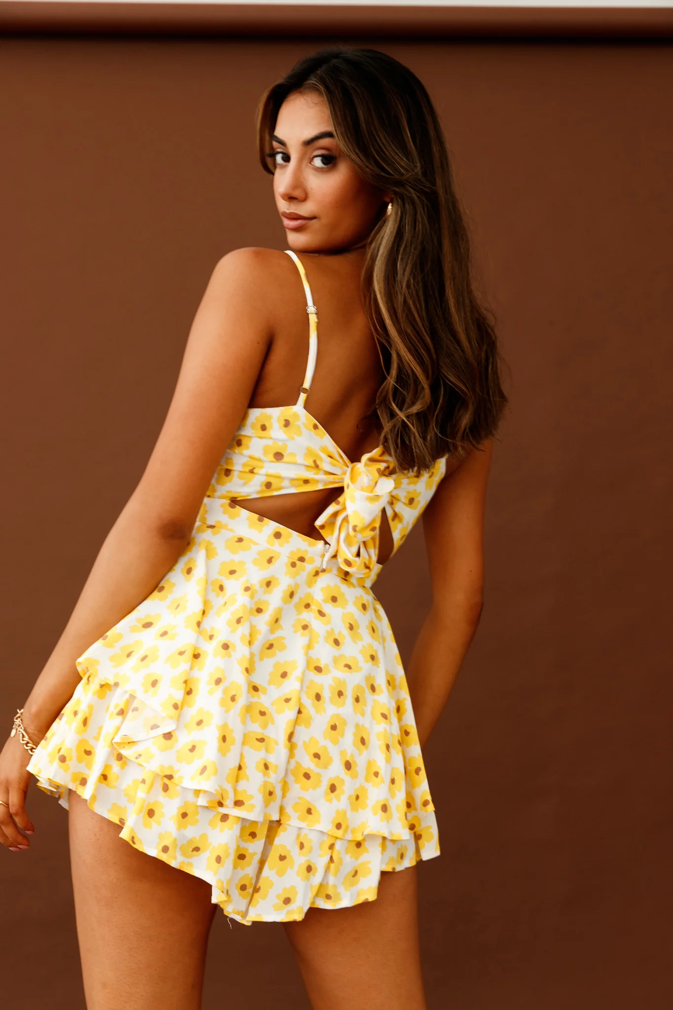 Alexandria Square Neckline Tie Back Romper Sunflower Print Yellow - Seraphlike