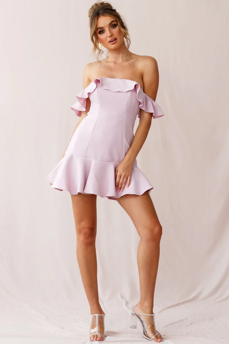 Ondine Bardot Neckline Fluted Hem Dress Mauve - Seraphlike