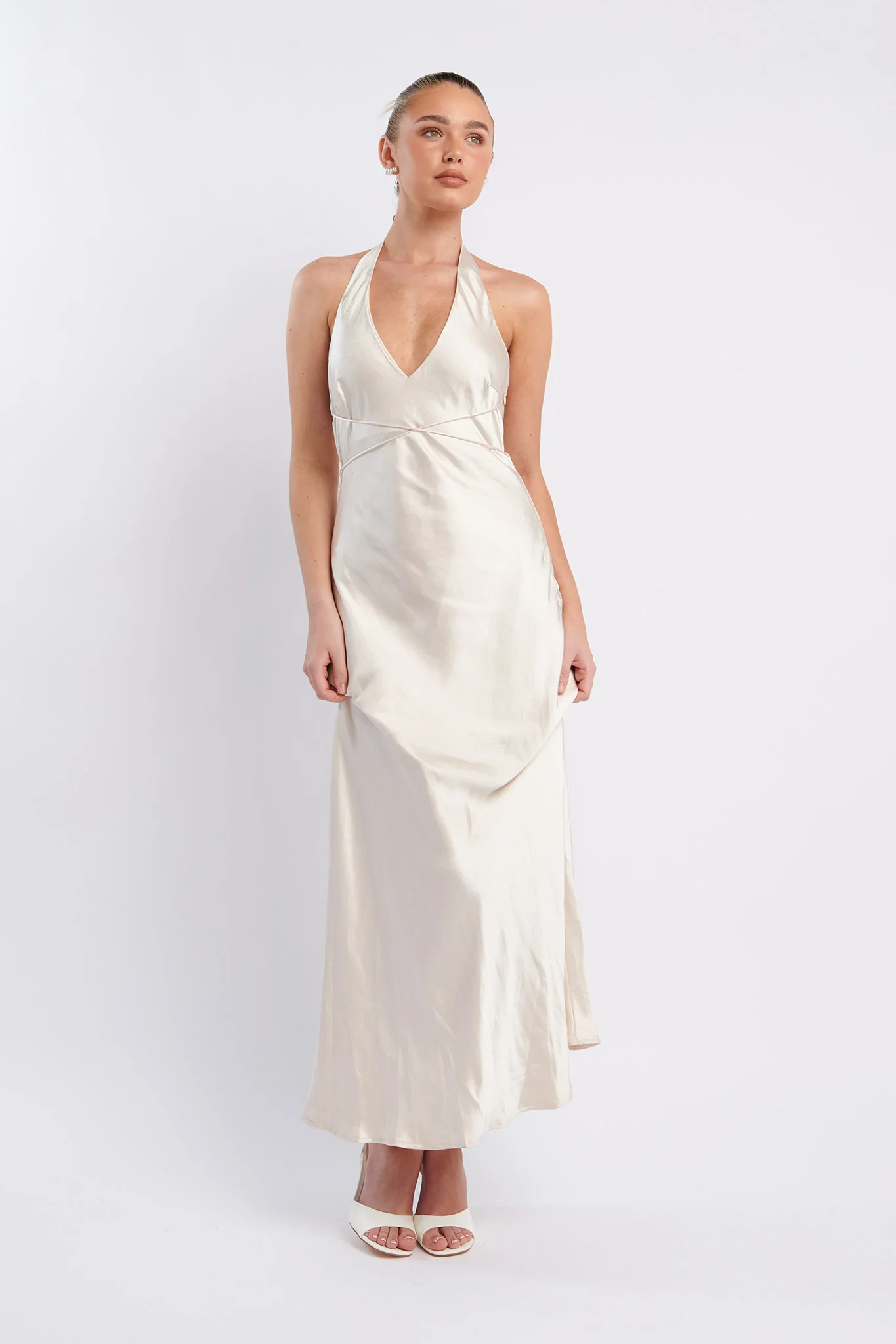 Alenni Halterneck V-Neck Midi Dress Champagne - Seraphlike