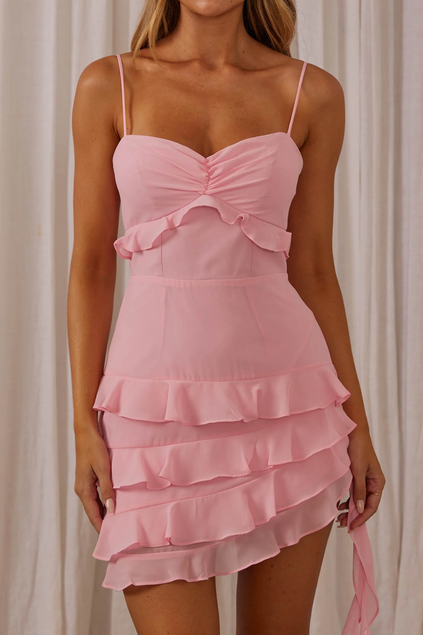 Swooning Ruffle Trim Mini Dress Pink - Seraphlike