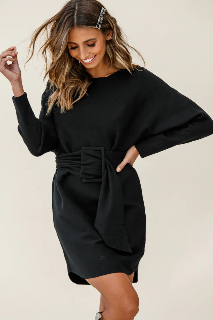 Lorelei Long Sleeve Wide Belt Knit Dress Black - Seraphlike