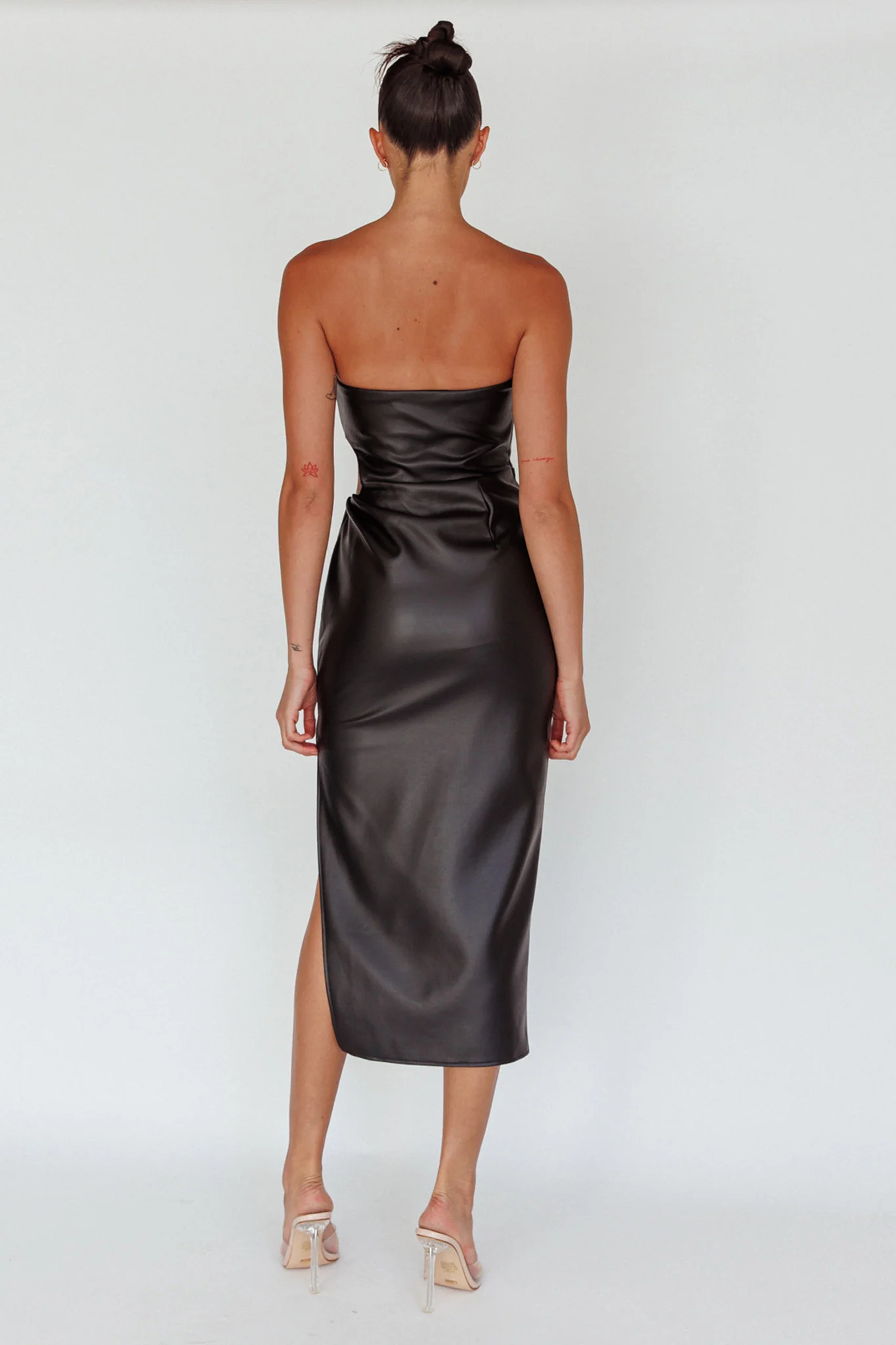 Taking Bets Strapless Midi Dress Leather Black - Seraphlike