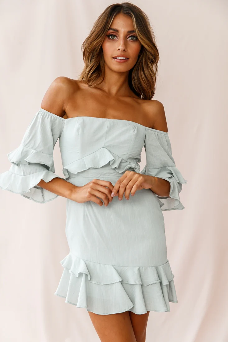 Esmeralda Off-Shoulder Frill Dress Pistachio - Seraphlike