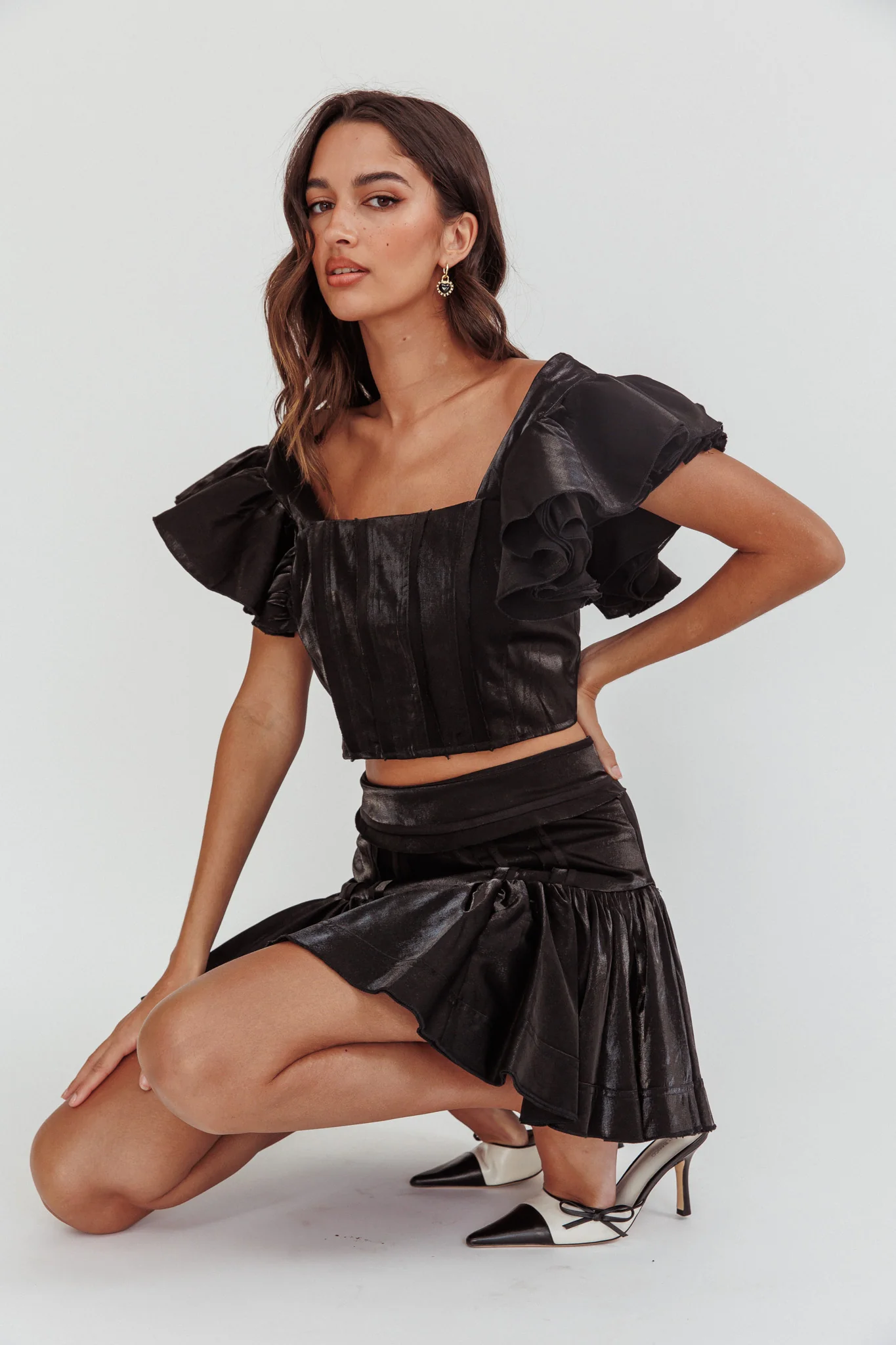 Debutante Ruffle Sleeve Crop Top Black - Seraphlike