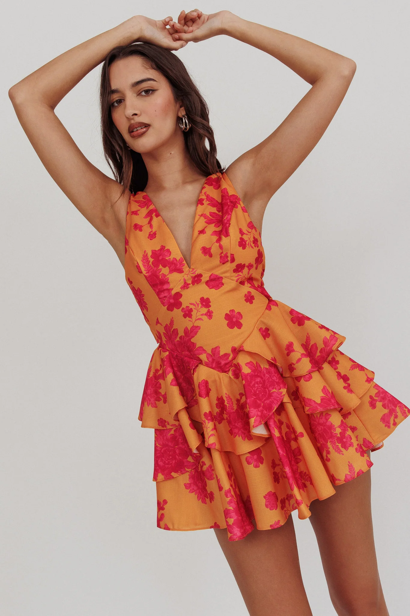 Like Me V-Neck Tied Back Floral Romper Orange - Seraphlike