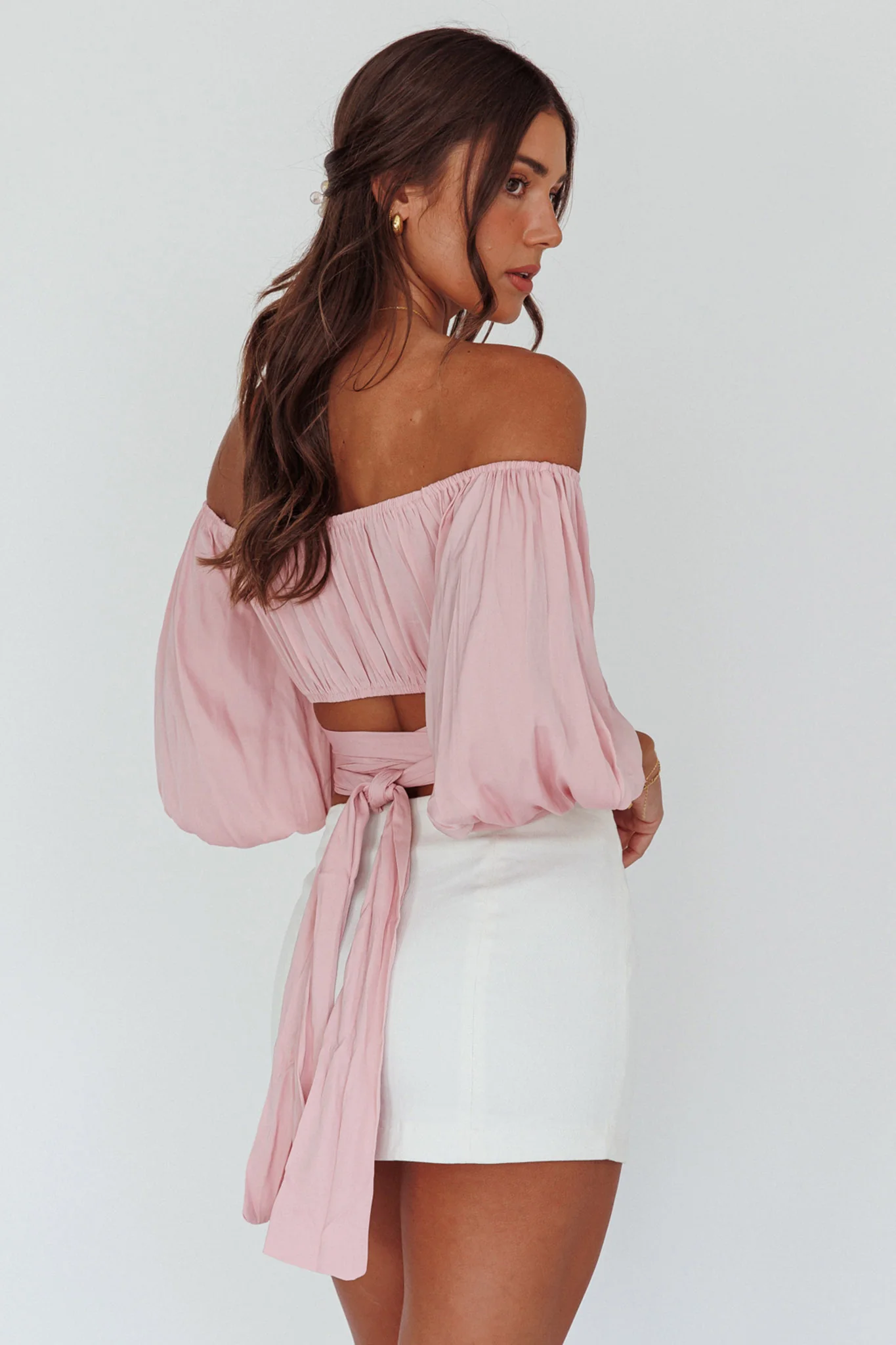Linka Off-Shoulder Half Sleeve Tie-Back Crop Top Blush - Seraphlike