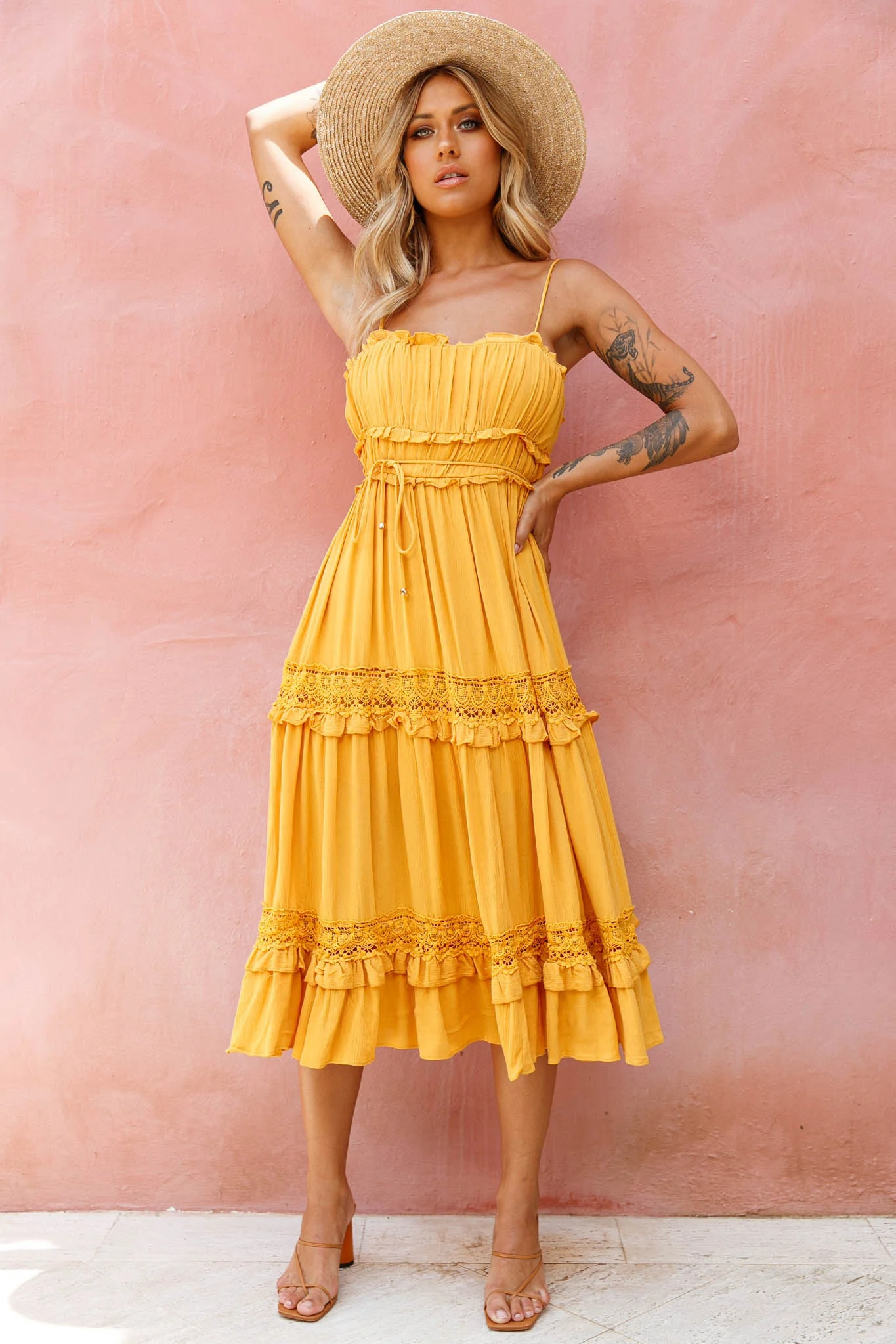 Meet You There Crochet & Frill Trim Detail Midi Dress Mustard - Seraphlike