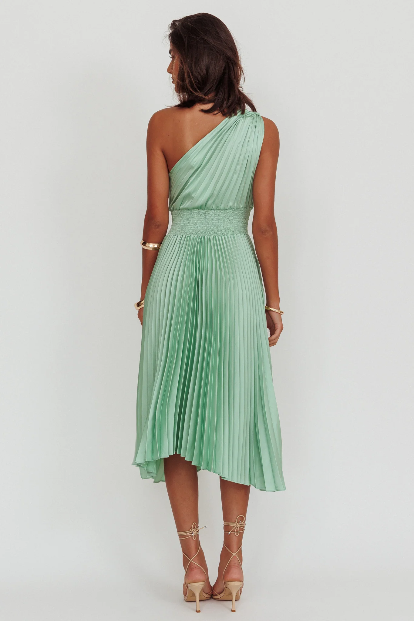 Calissa One Shoulder Pleated Midi Dress Sage - Seraphlike