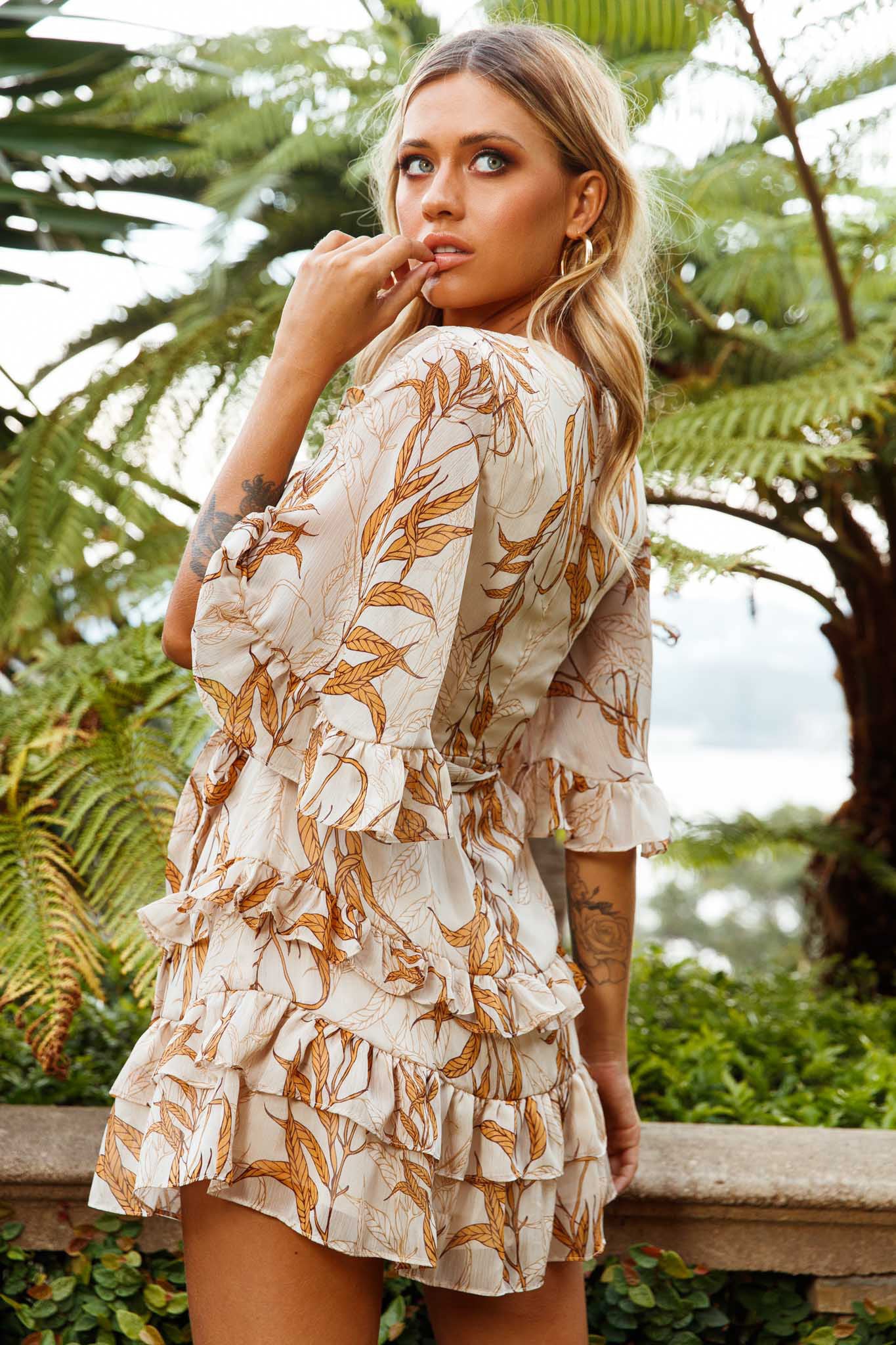 Time Will Tell Angel Sleeve Frill Detail Dress Leaf Print Beige - Seraphlike