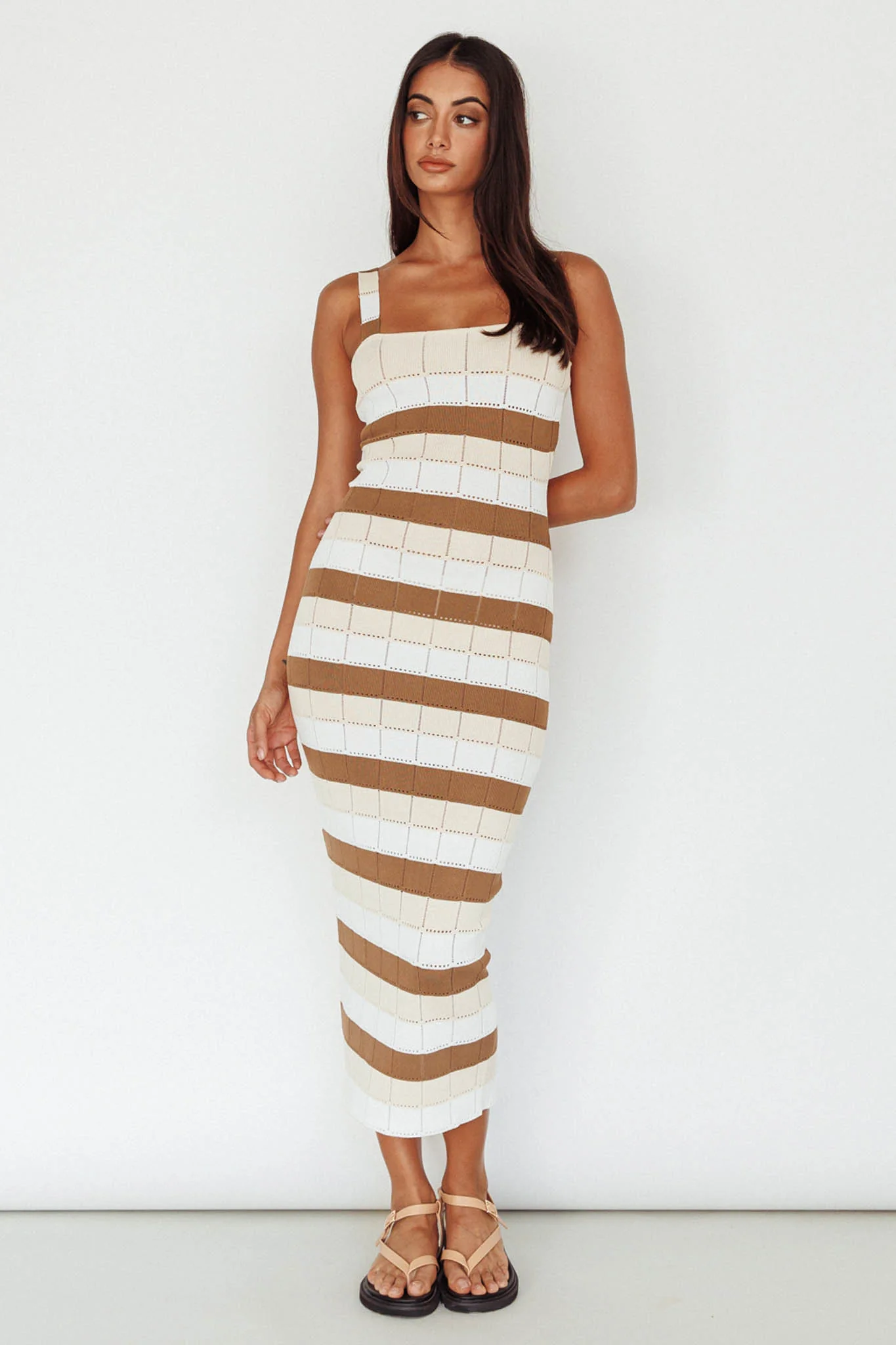 Chase The Sunrise Knit Midi Dress Striped Chocolate/White - Seraphlike