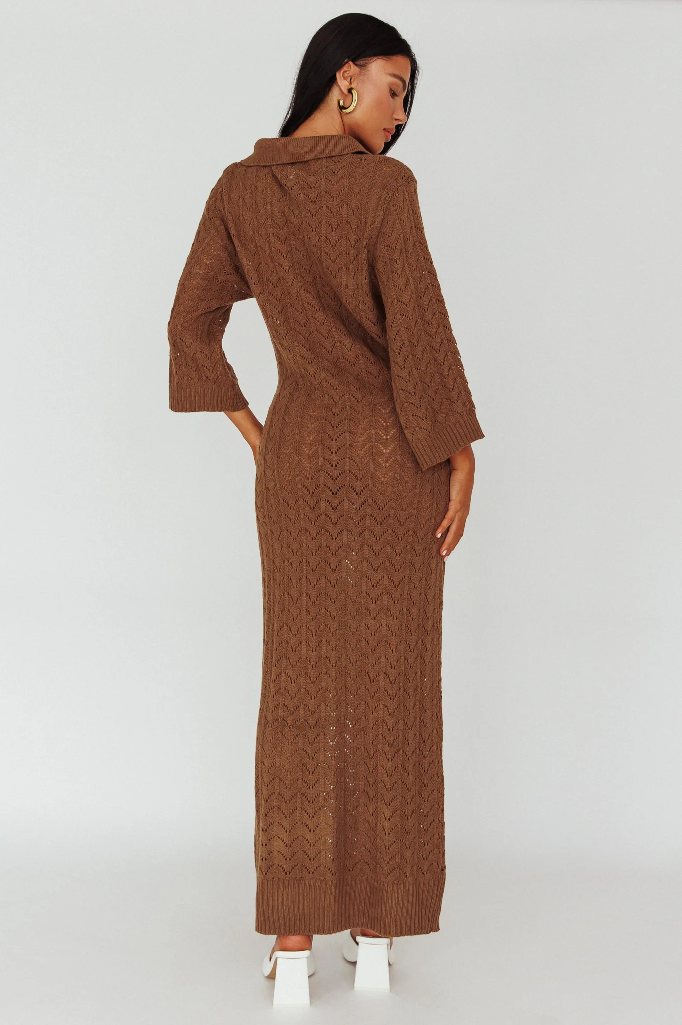 Alouette 3/4 Sleeve Crochet Midi Dress Cocoa - Seraphlike