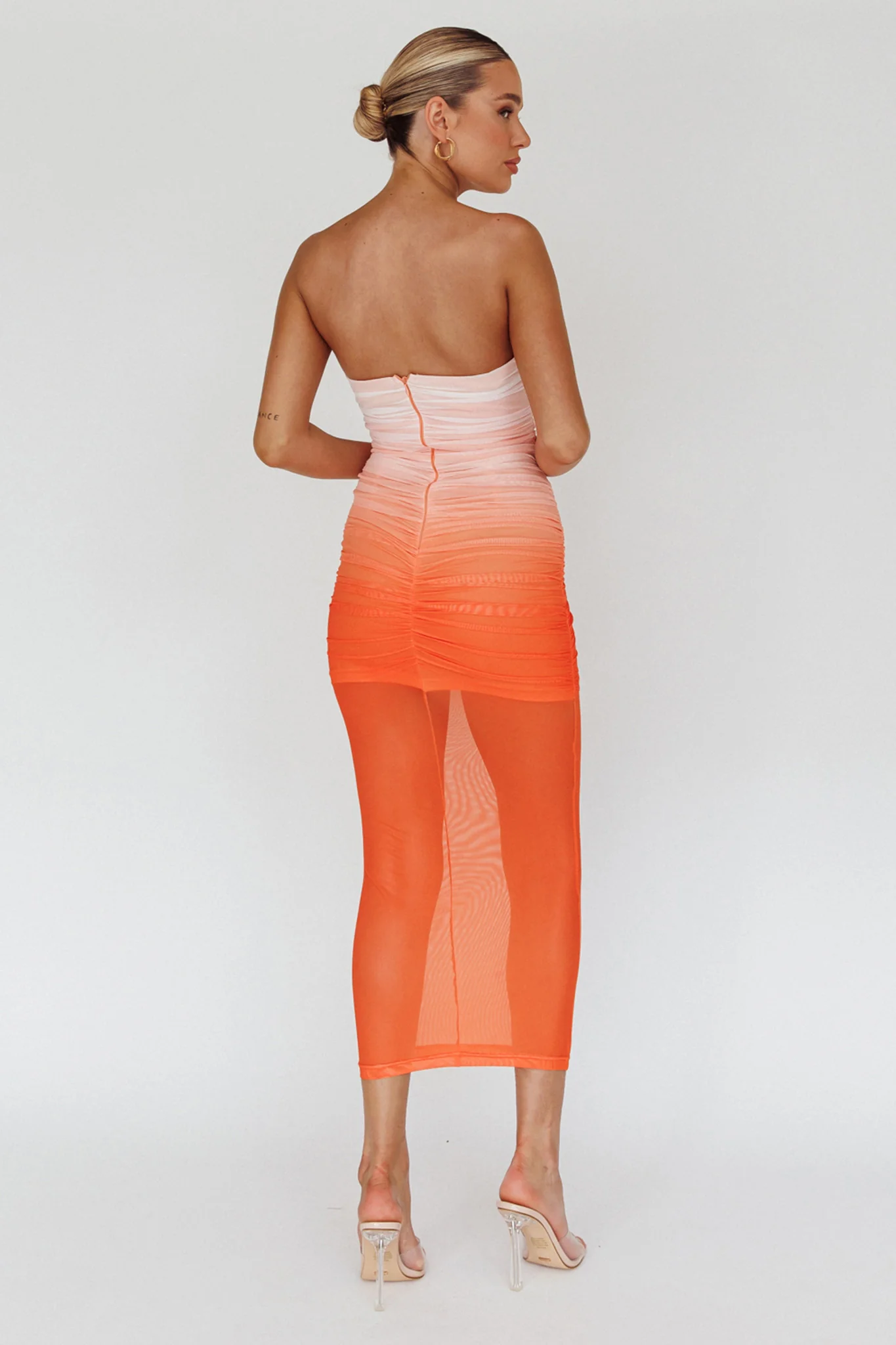 Logan Strapless Ruched Midi Dress Gradient Orange - Seraphlike