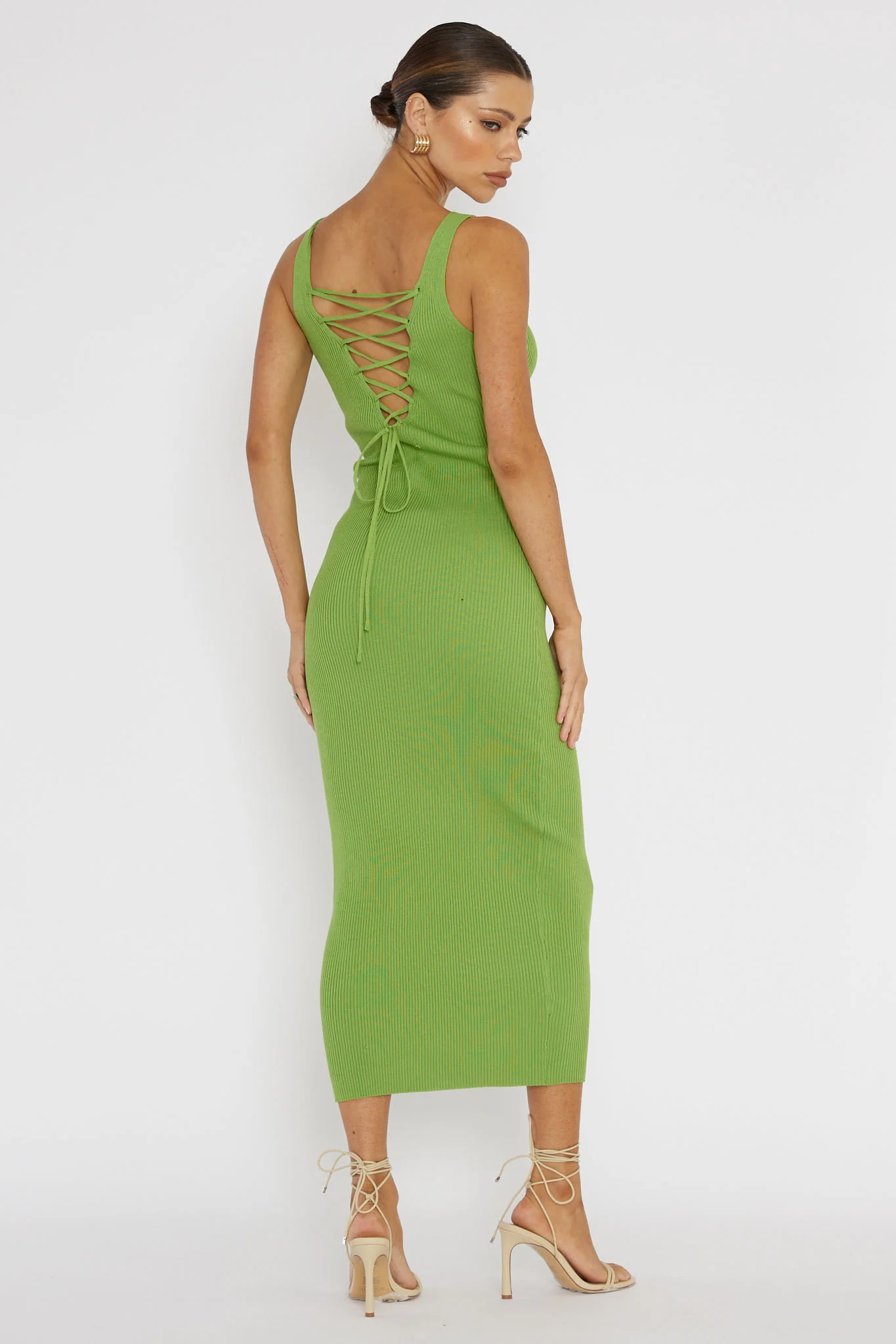 Linzi Lace-Up Back Knit Midi Dress Green - Seraphlike