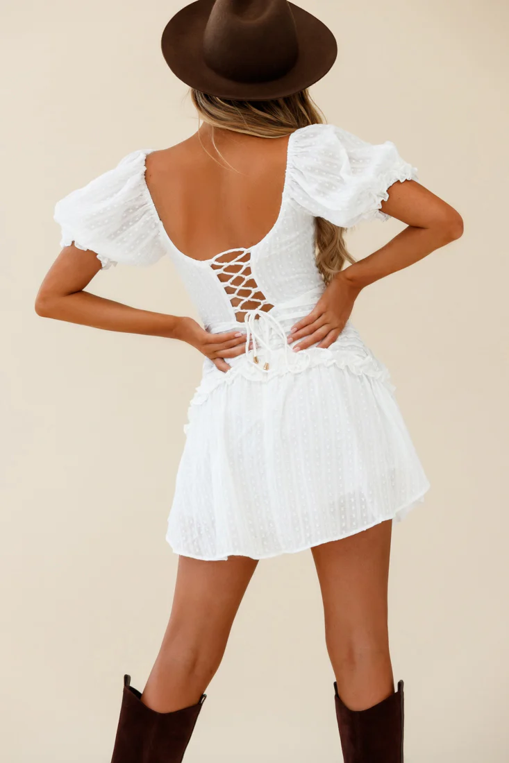 Sunshine Lane Milkmaid Sleeve Lace-up Back Dress White - Seraphlike