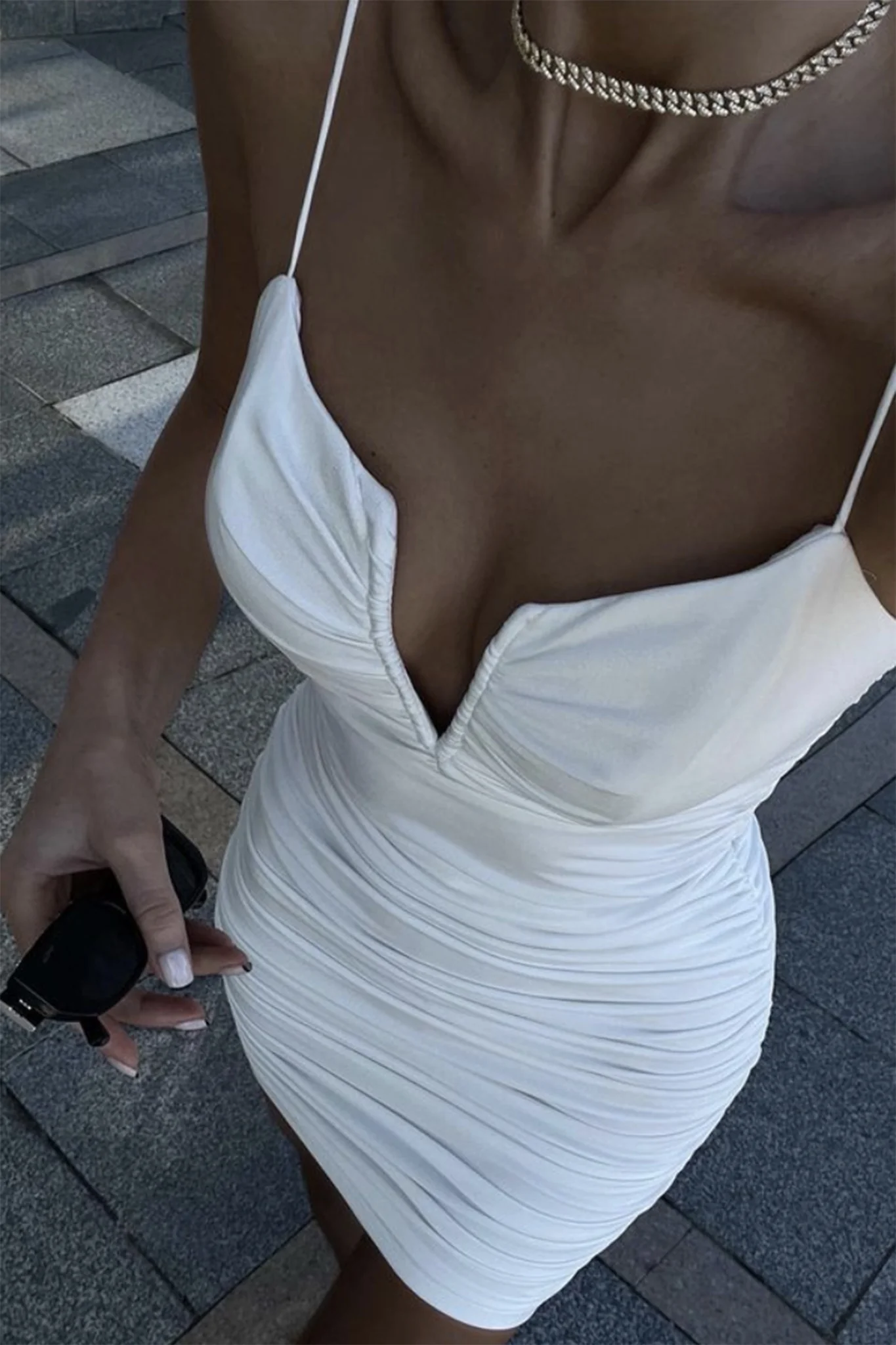 Good Vibes Cami Strap Deep V-Neckline Ruched Mini Dress White - Seraphlike