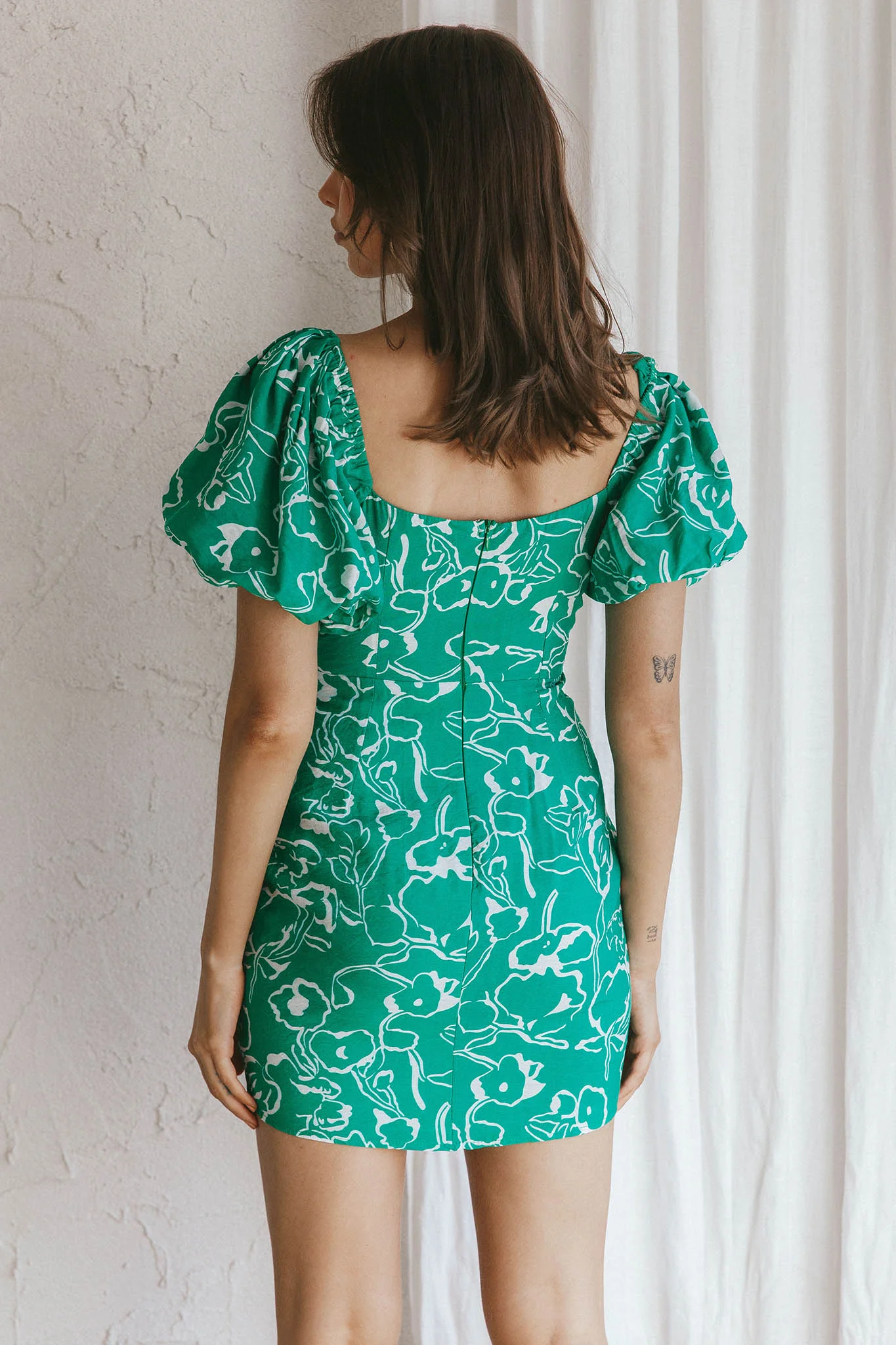 Iseo Puff Sleeve Mini Dress Print Green - Seraphlike