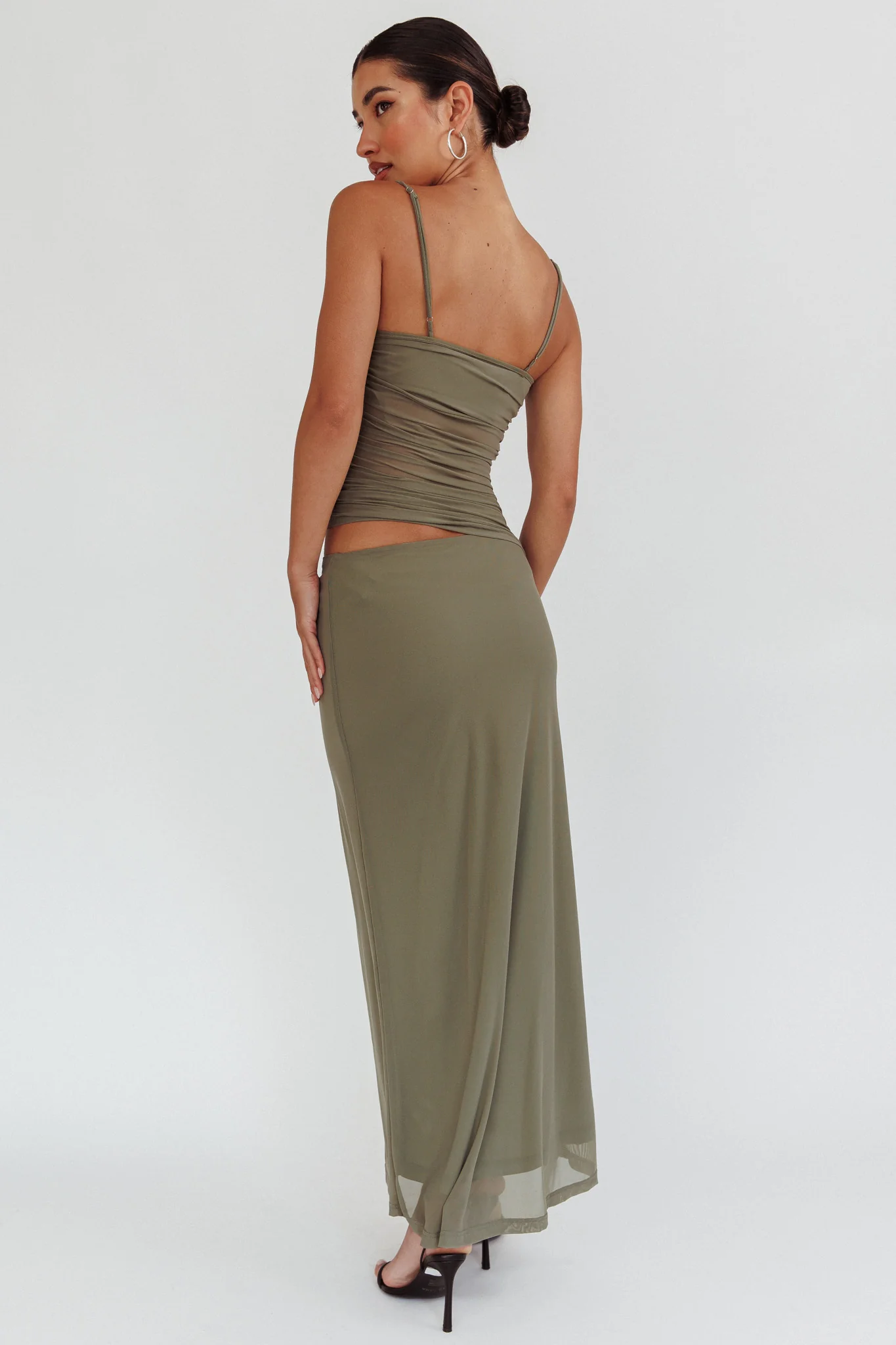 Lorely Ruched Bodice Maxi Dress Olive - Seraphlike