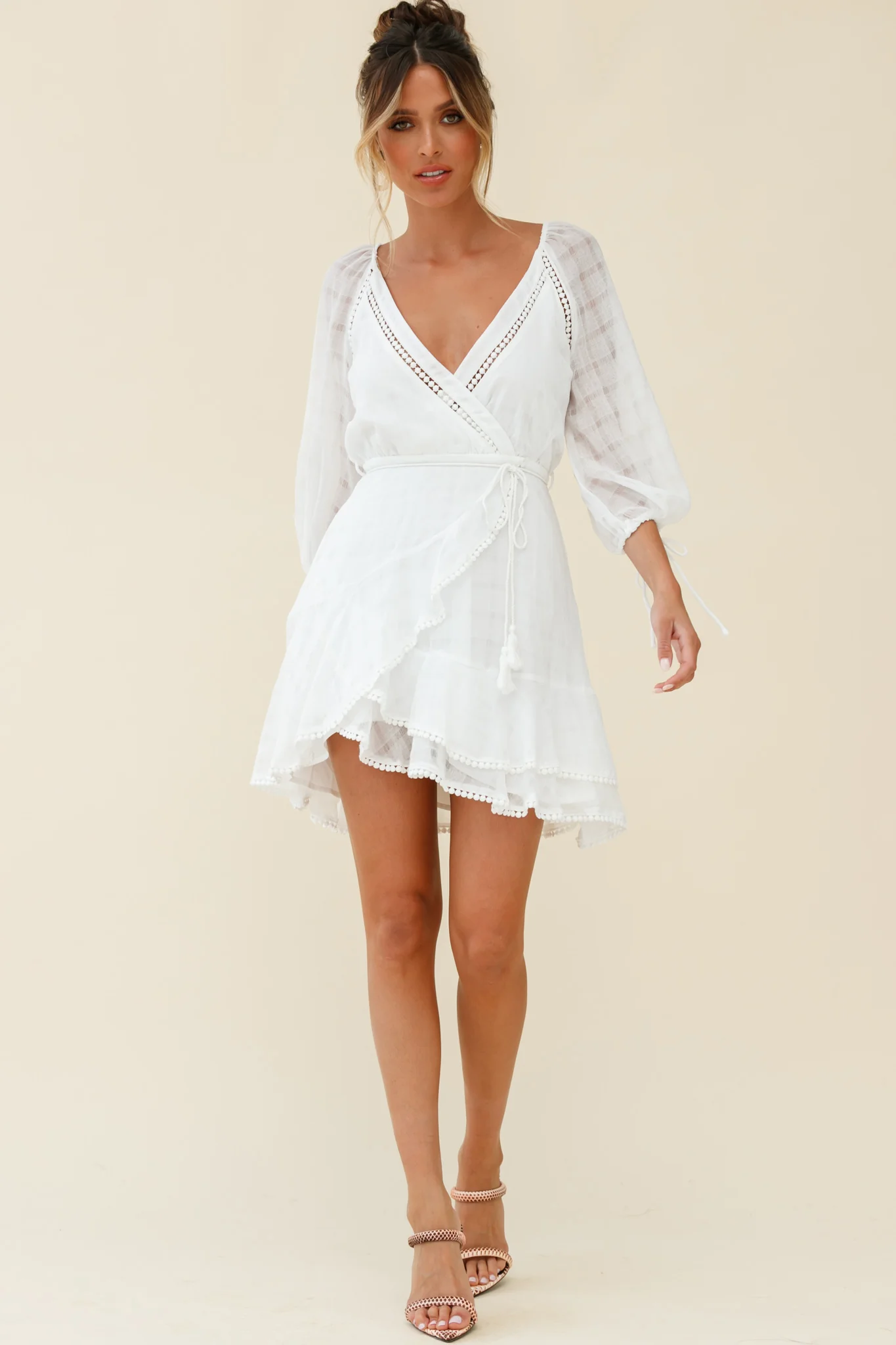 Wilde Balloon Sleeve Crochet Trim Dress White - Seraphlike