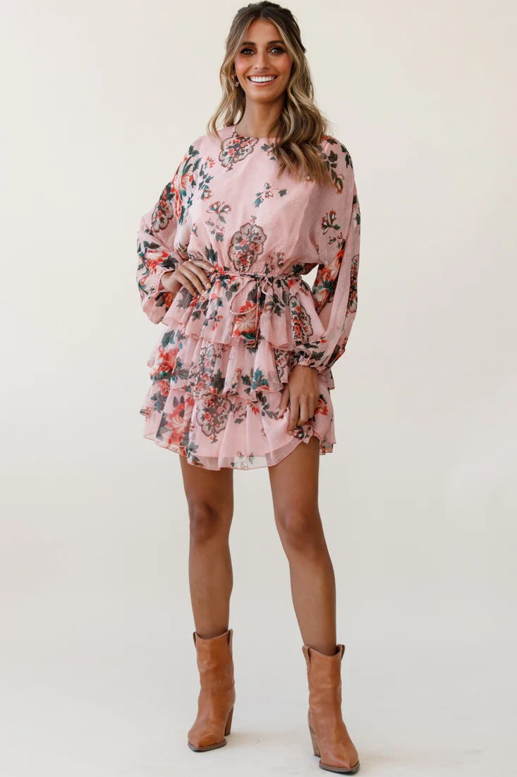 Odessa Long Sleeve Layered Ruffle Dress Floral Print Pink - Seraphlike