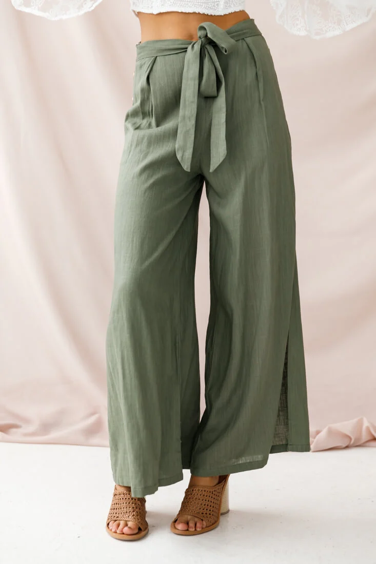 Aruba Wide Leg Side Split Pants Khaki - Seraphlike