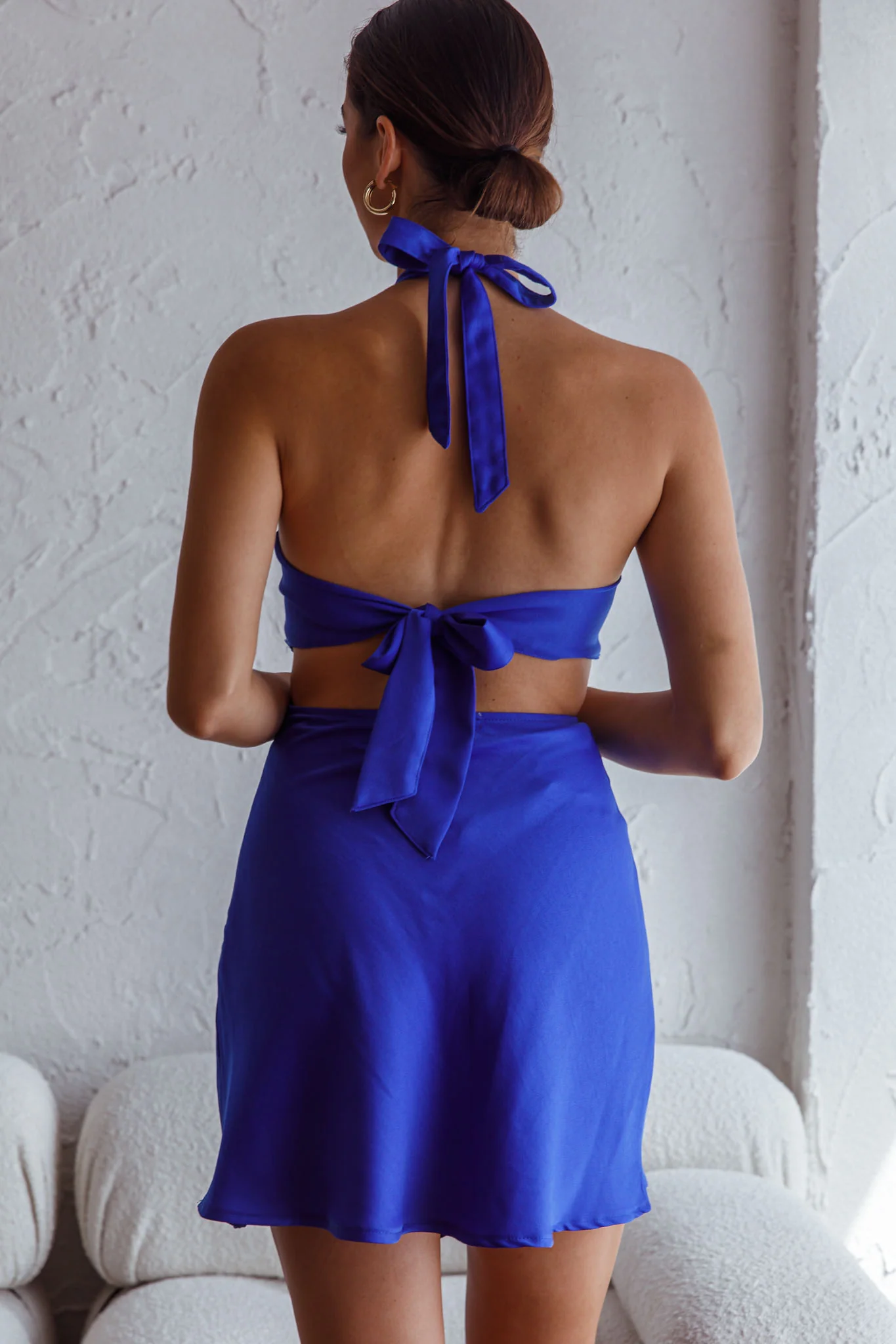 Acapulco Halterneck Tie-Up Back Satin Mini Dress Cobalt Blue - Seraphlike