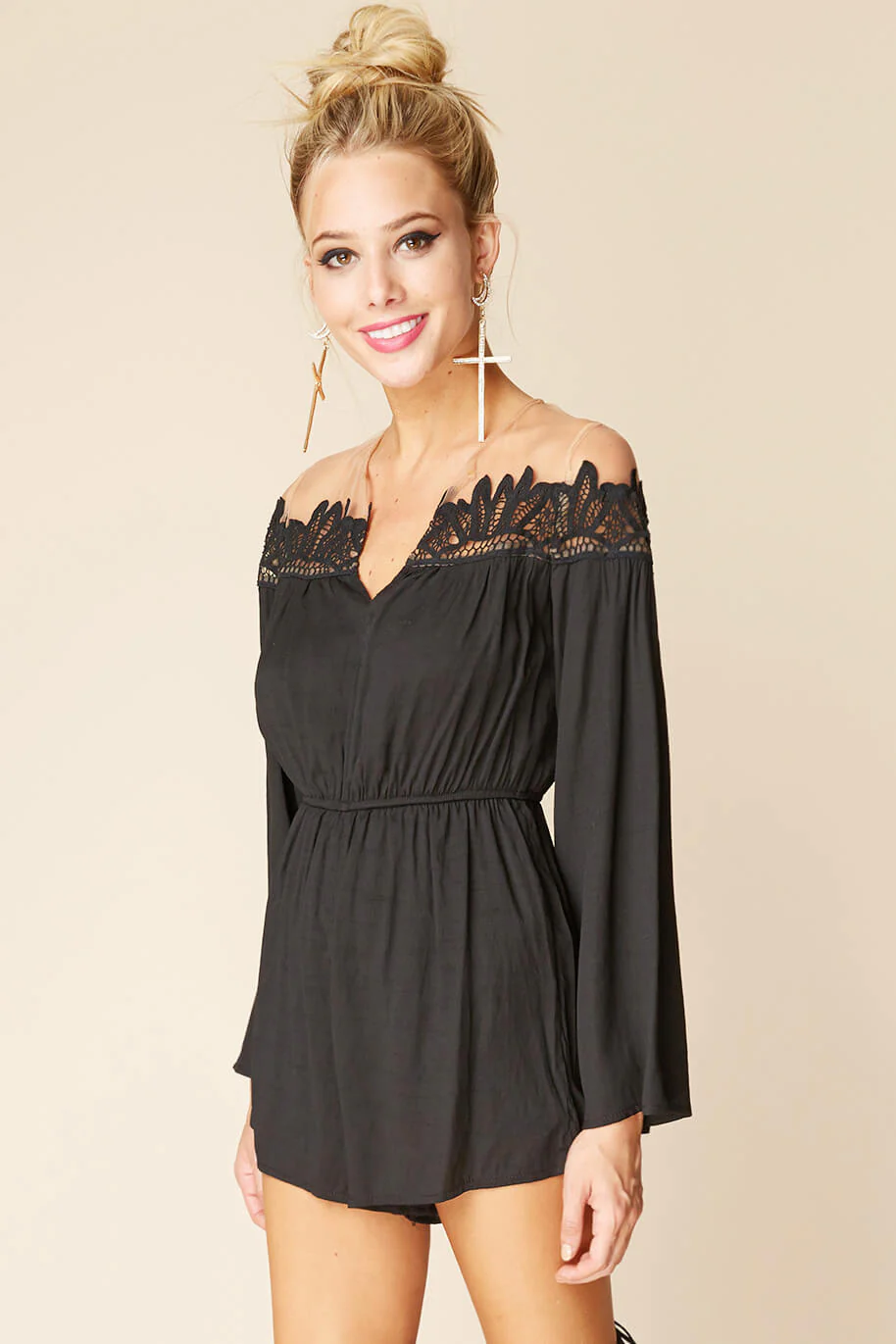 Brittany Bell Sleeve Romper Black - Seraphlike