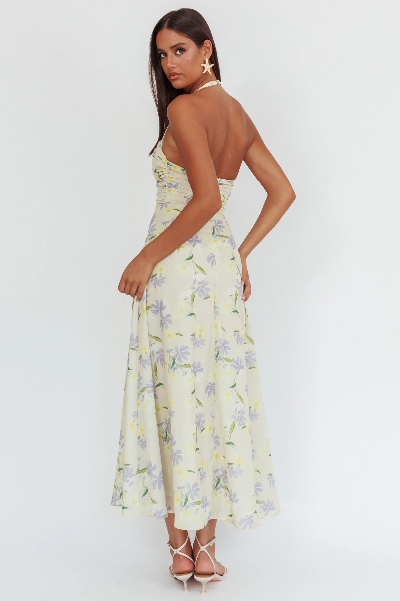 Auriana Asymmetric Neckline Halter maxi Dress Floral Lemon - Seraphlike